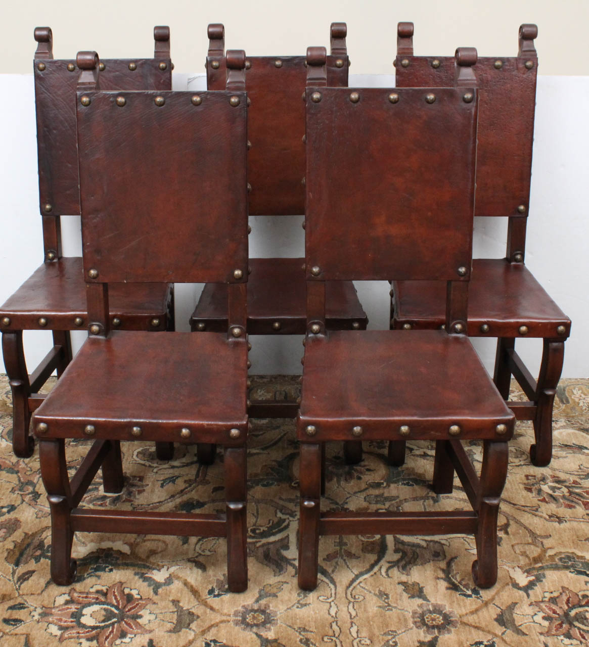 Antique Peruvian Handcrafted Leather Tooled Dining Chair Set