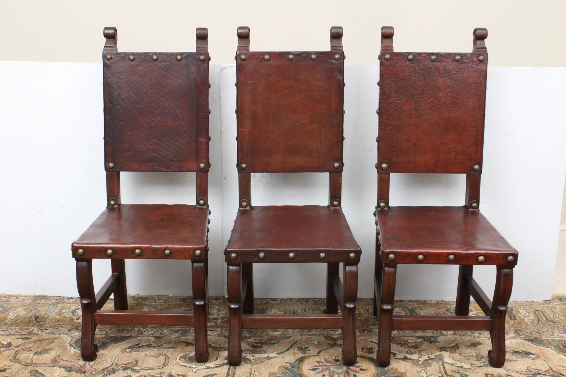 Antique Peruvian Handcrafted Leather Tooled Dining Chair Set