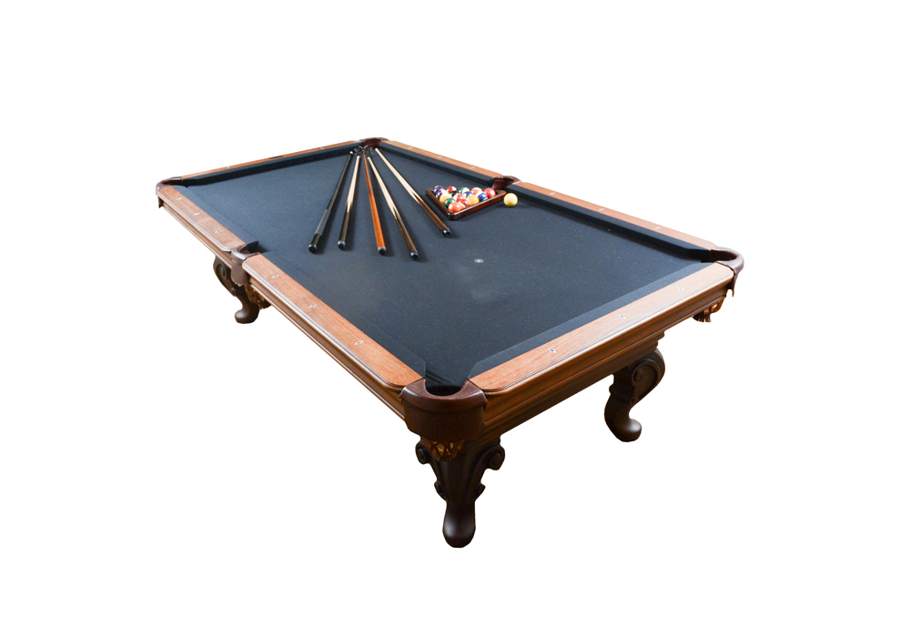 Oak Pool Table by Olhausen With Pool Cues, Ball Set, Brush, and Rack
