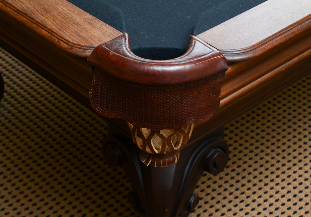 Oak Pool Table by Olhausen With Pool Cues, Ball Set, Brush, and Rack