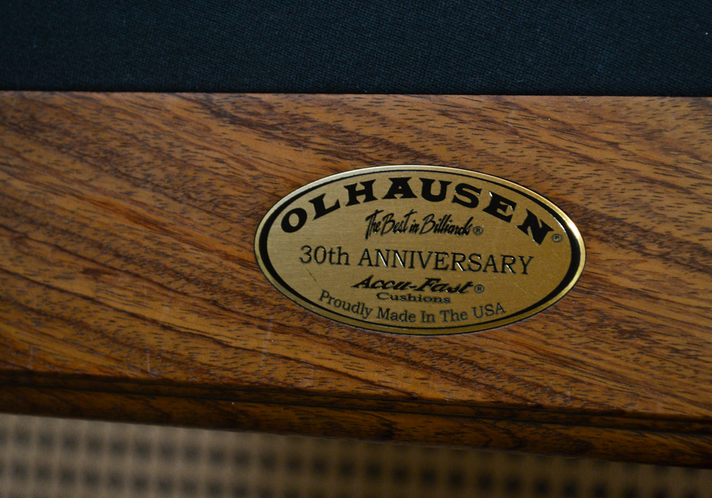 Oak Pool Table by Olhausen With Pool Cues, Ball Set, Brush, and Rack