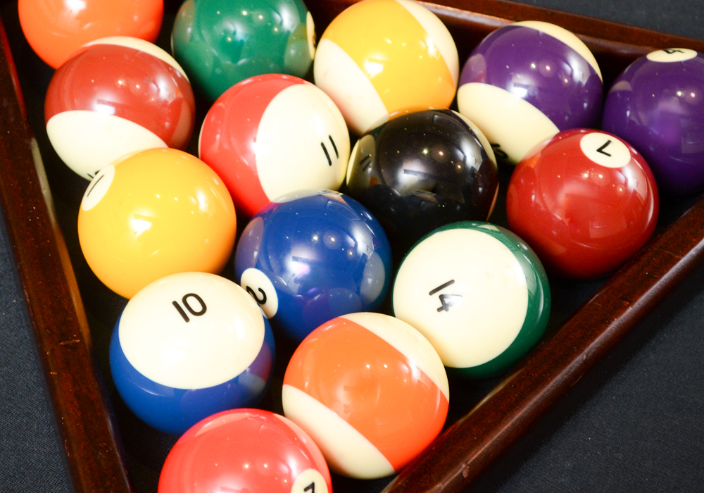 Oak Pool Table by Olhausen With Pool Cues, Ball Set, Brush, and Rack