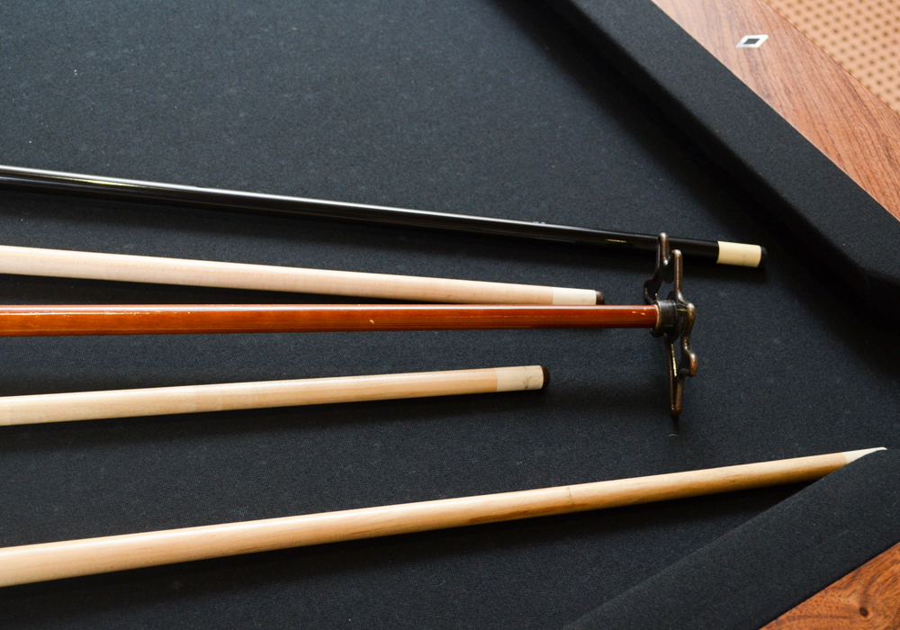 Oak Pool Table by Olhausen With Pool Cues, Ball Set, Brush, and Rack