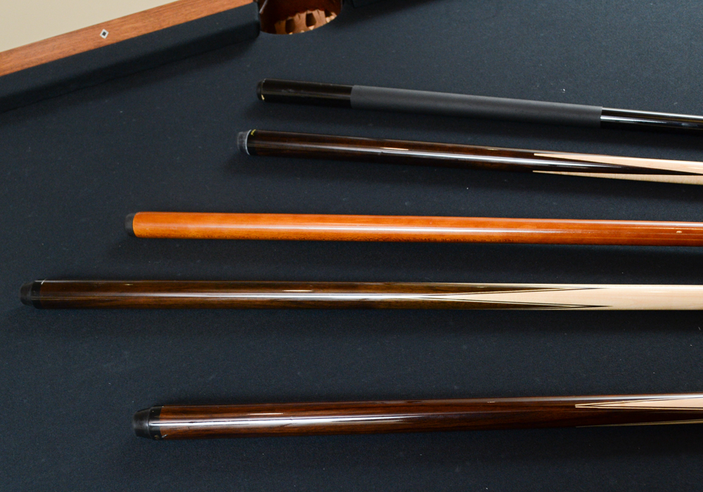 Oak Pool Table by Olhausen With Pool Cues, Ball Set, Brush, and Rack