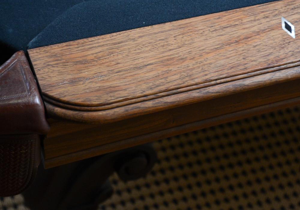 Oak Pool Table by Olhausen With Pool Cues, Ball Set, Brush, and Rack