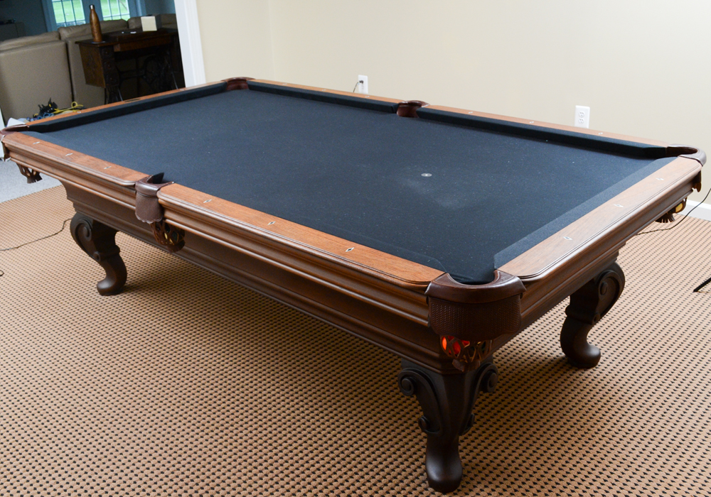 Oak Pool Table by Olhausen With Pool Cues, Ball Set, Brush, and Rack