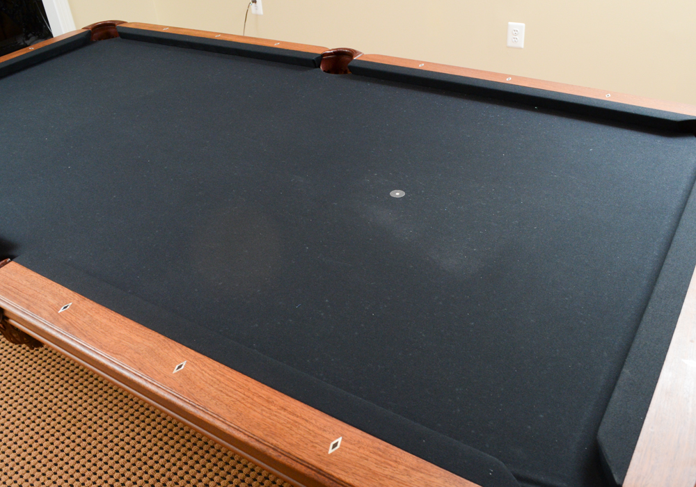 Oak Pool Table by Olhausen With Pool Cues, Ball Set, Brush, and Rack