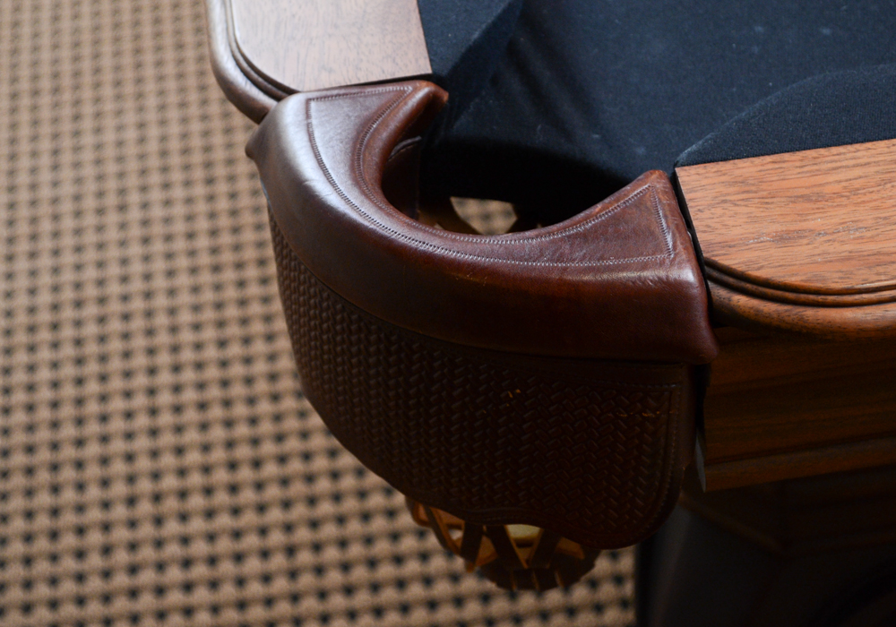 Oak Pool Table by Olhausen With Pool Cues, Ball Set, Brush, and Rack