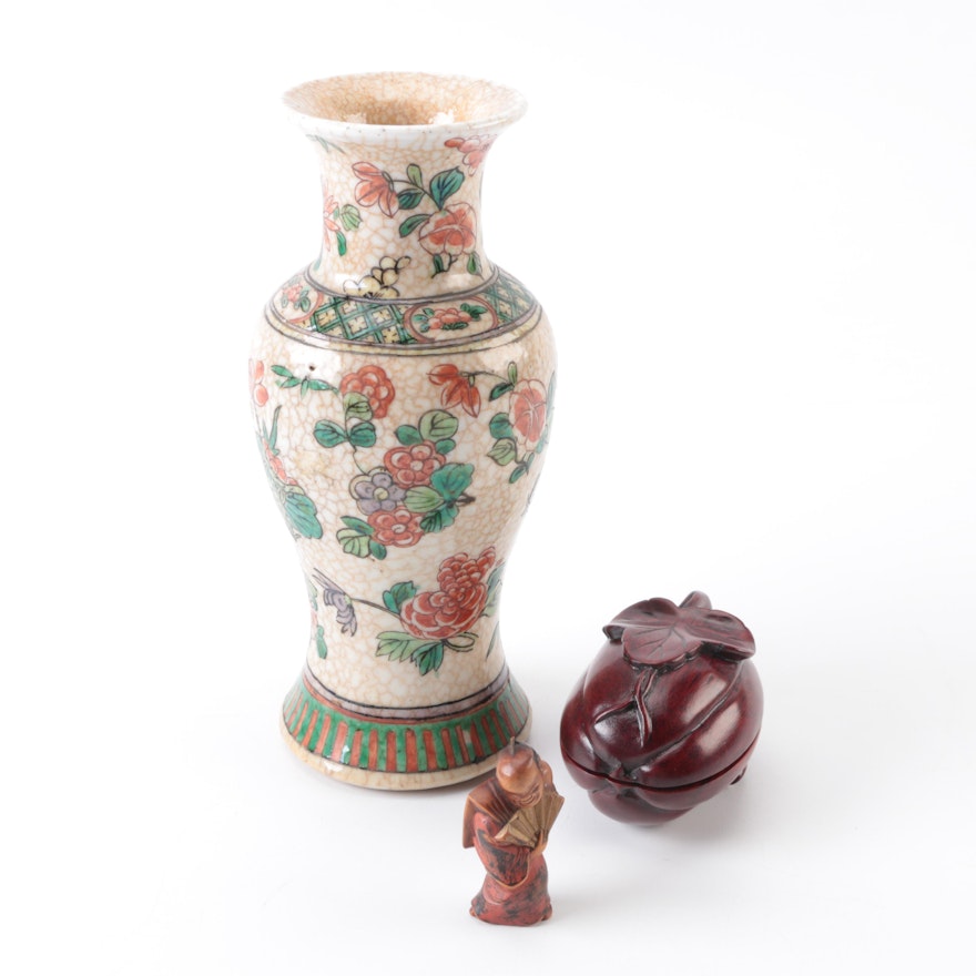 Chinese Ceramic Vase and Wooden Trinket Box