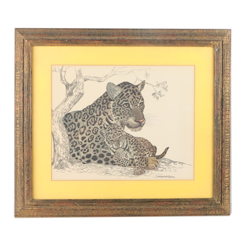 Offset Lithograph on Paper of Leopard and Cub After  Rama "Sam" Samaraweera