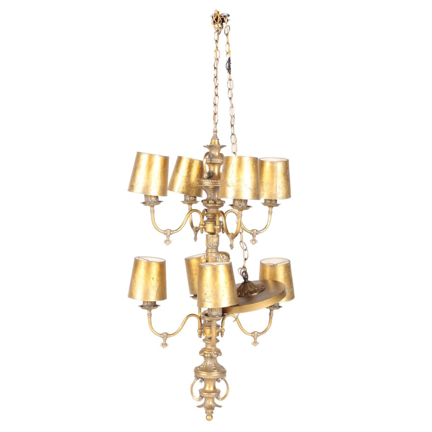 Ornate Gold Tone Chandelier With Putto Figural Stem