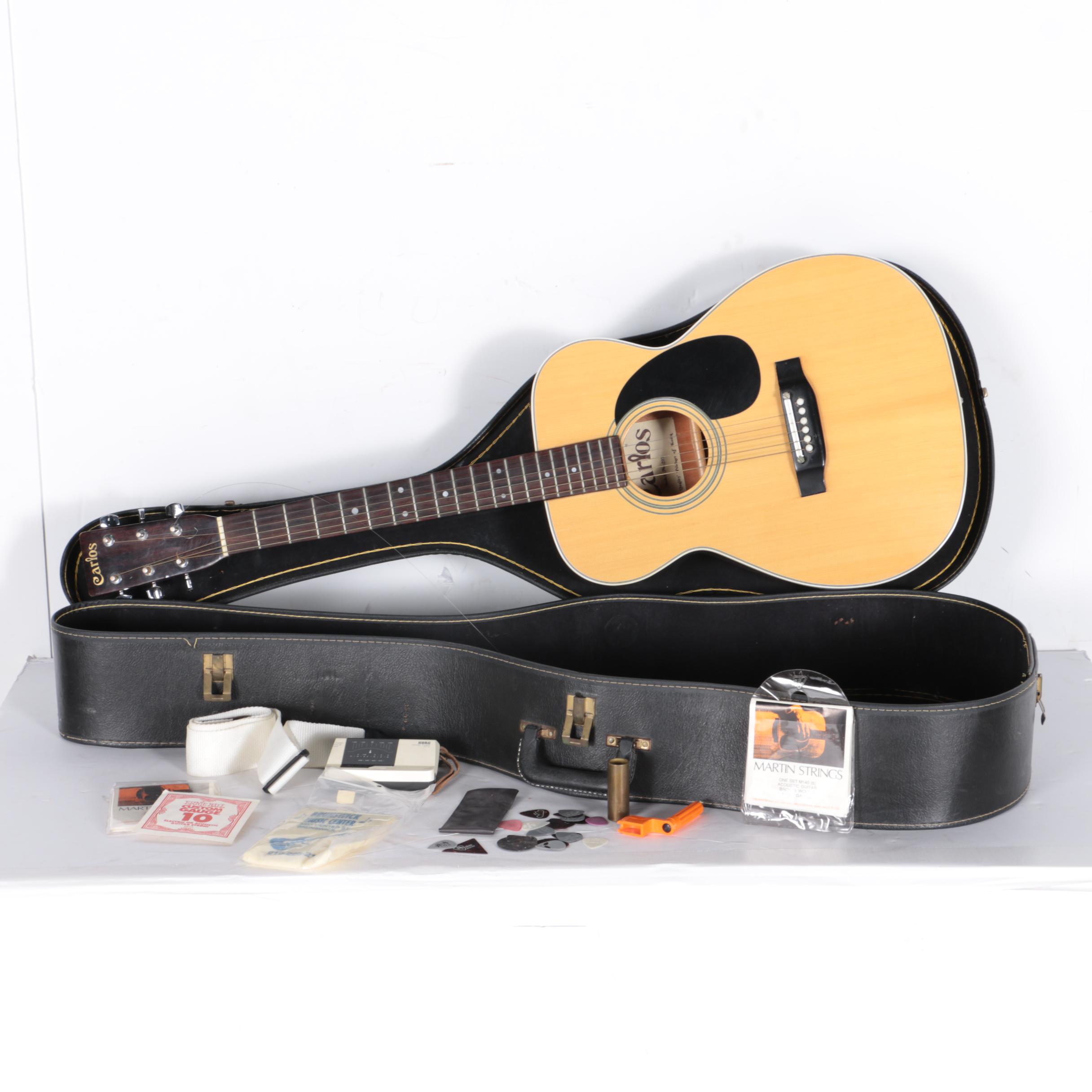 Vintage Carlos Dreadnought Style Acoustic Guitar and Accessories