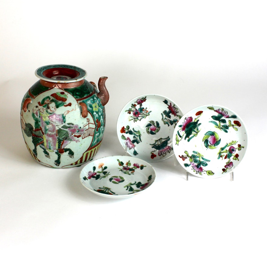 Vintage Chinese Pottery Wine Jug and Hand Painted Dishes