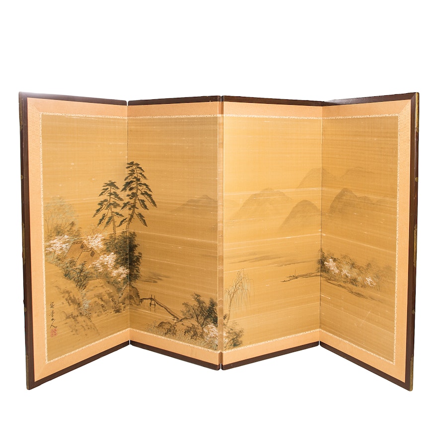 Vintage Japanese Four-Panel Silk Painting Folding Screen