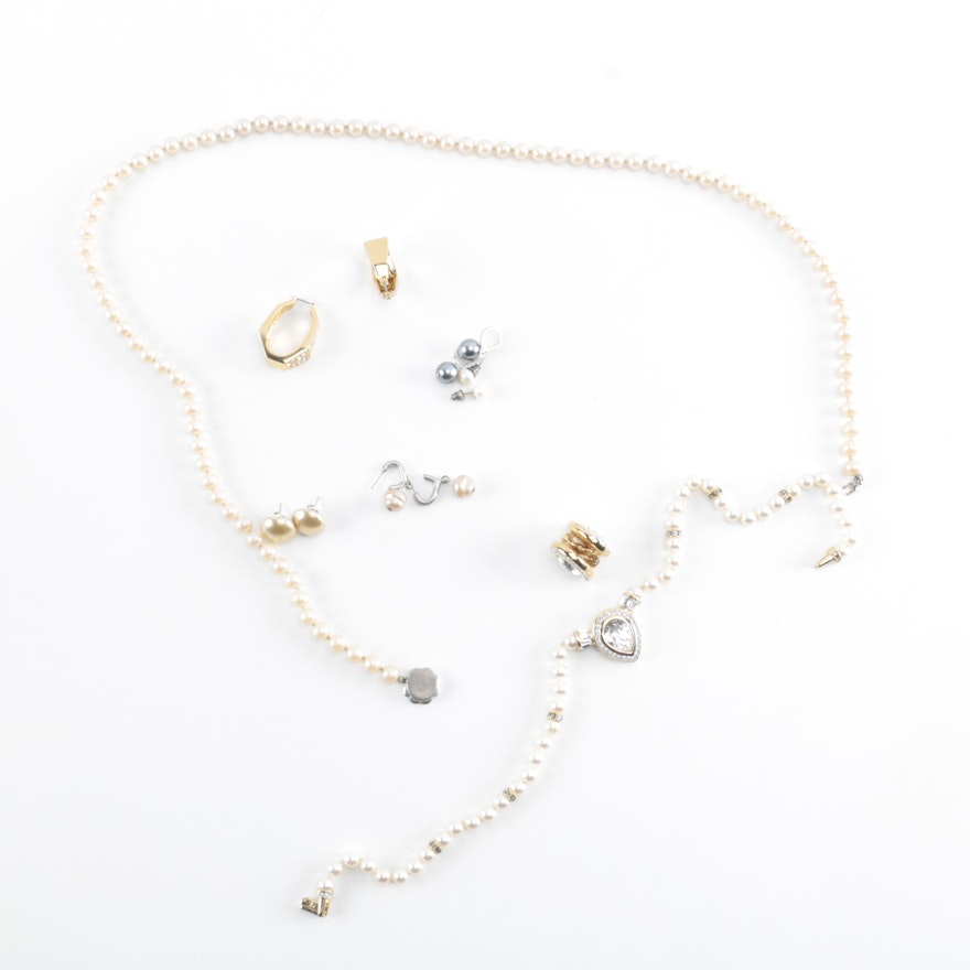 Costume Jewelry Including Faux Pearls, Cultured Pearls, and Rhinestone Accents