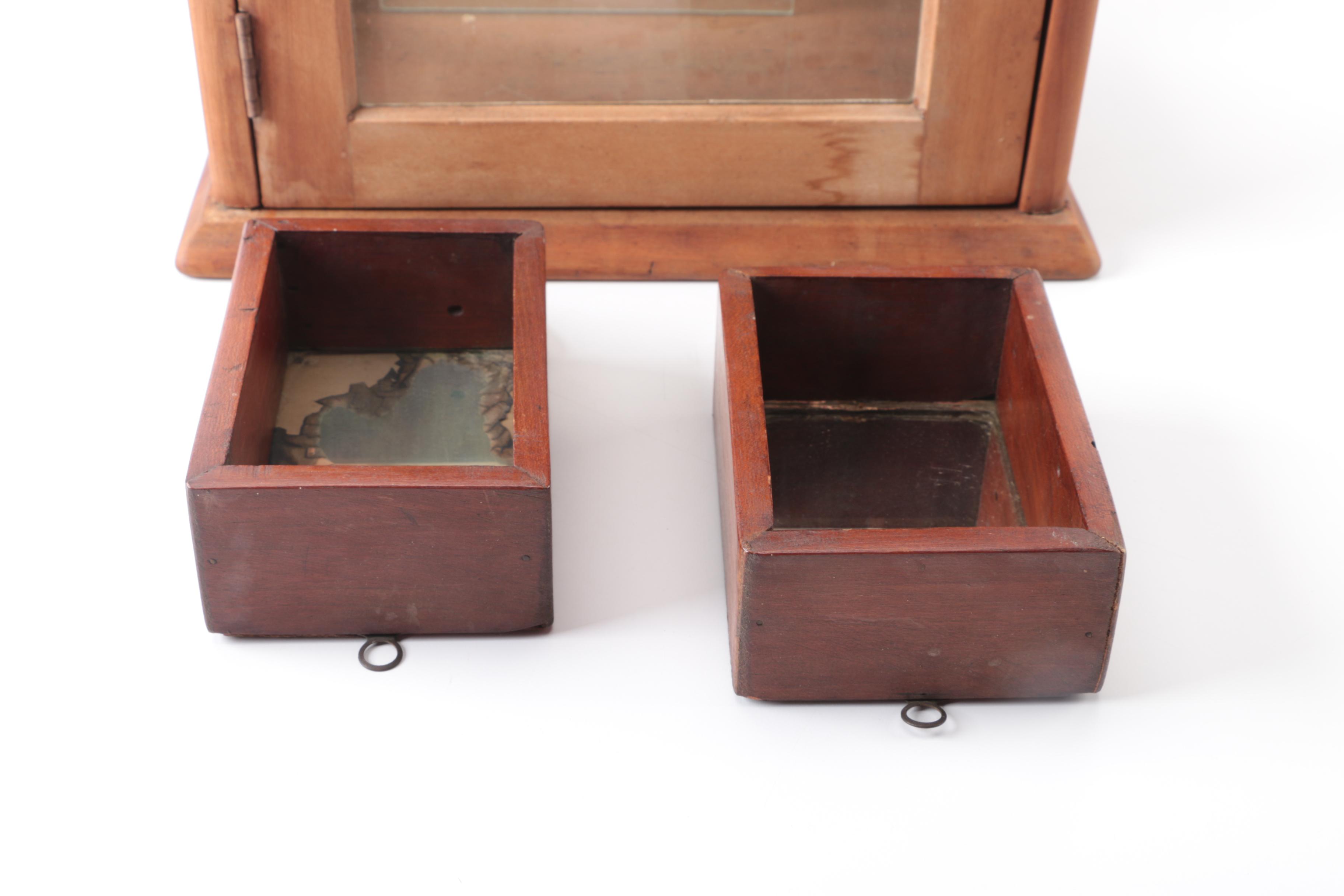 Wooden Tabletop Display Cabinet & Two Antique Hanging Mirrors