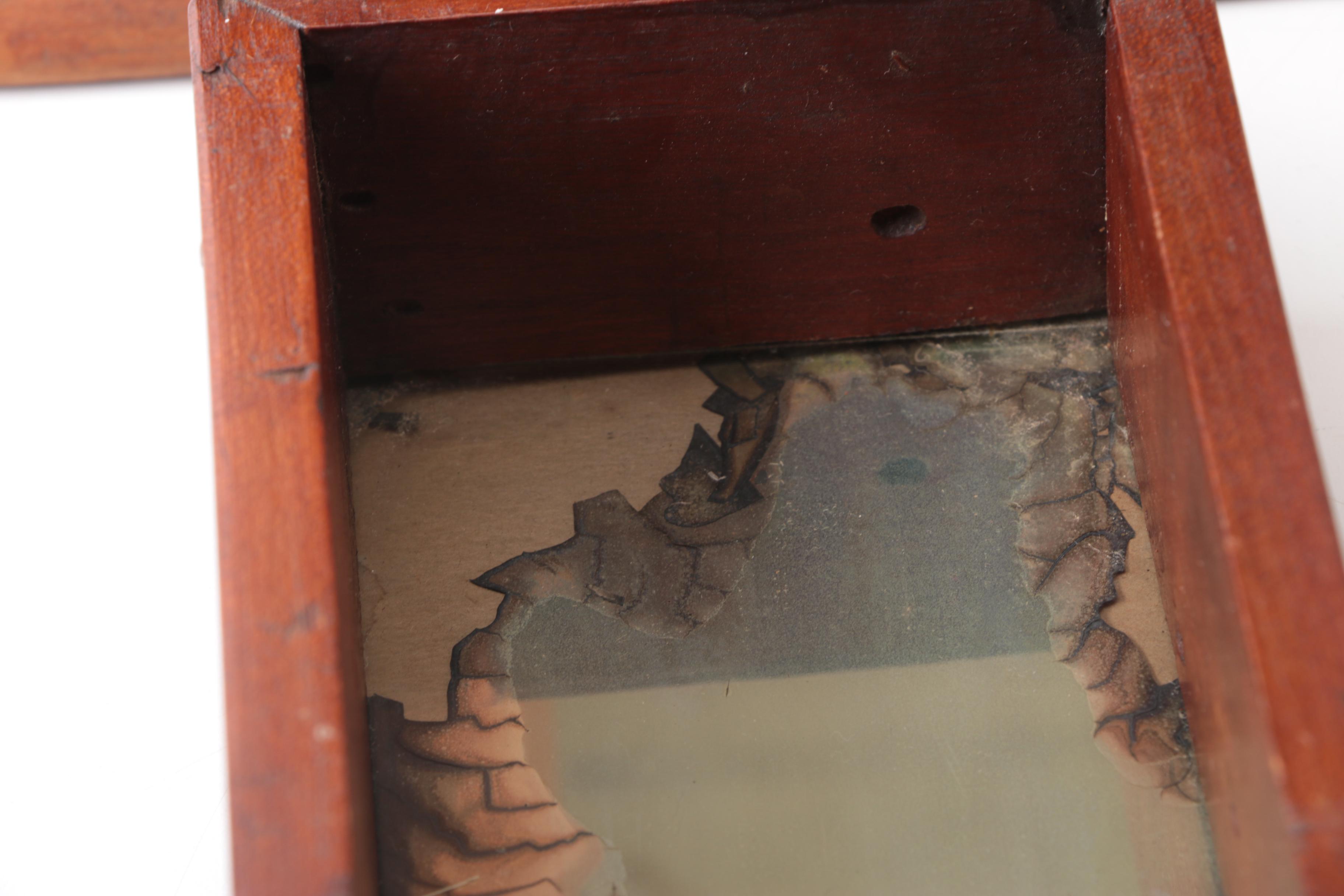 Wooden Tabletop Display Cabinet & Two Antique Hanging Mirrors
