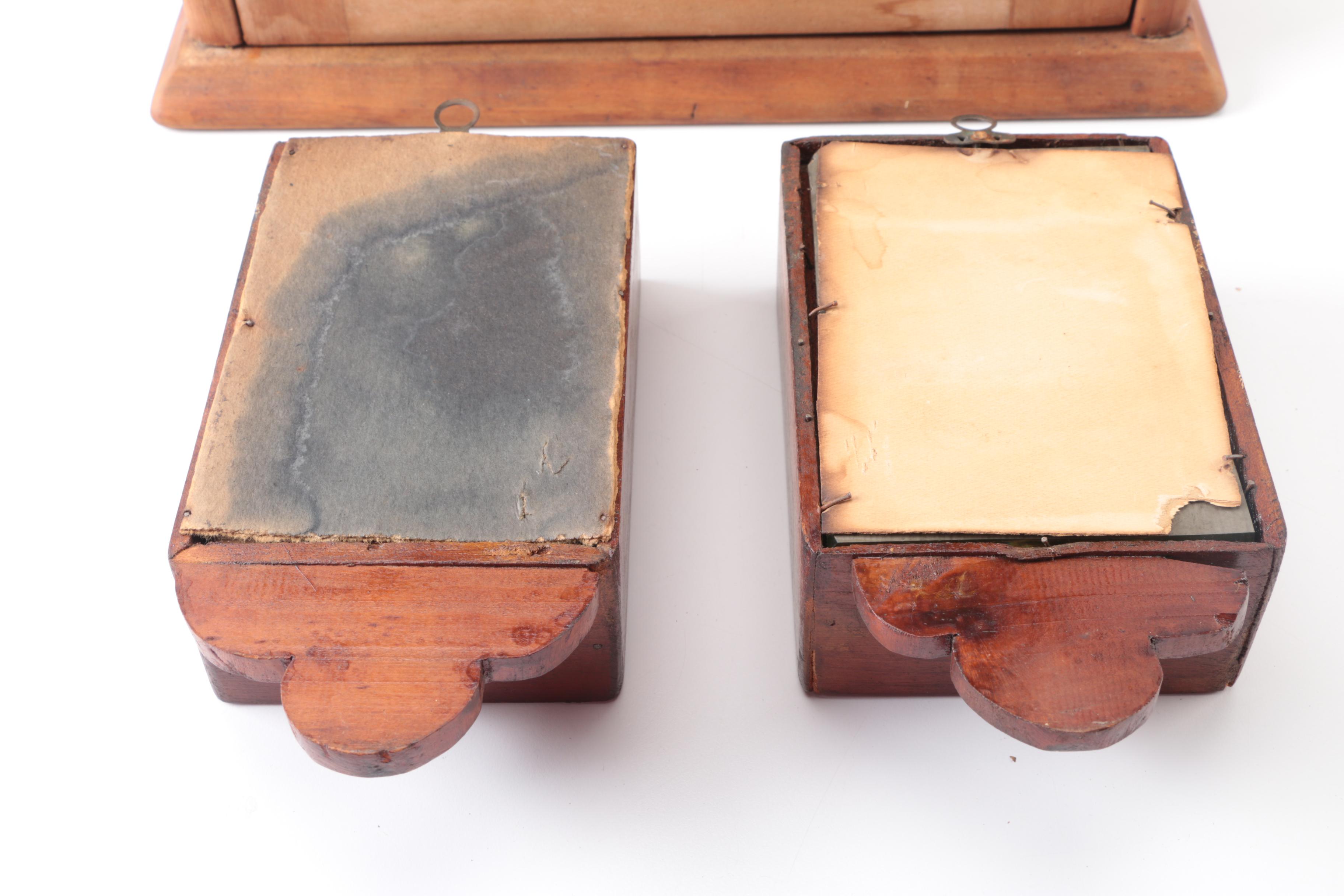 Wooden Tabletop Display Cabinet & Two Antique Hanging Mirrors