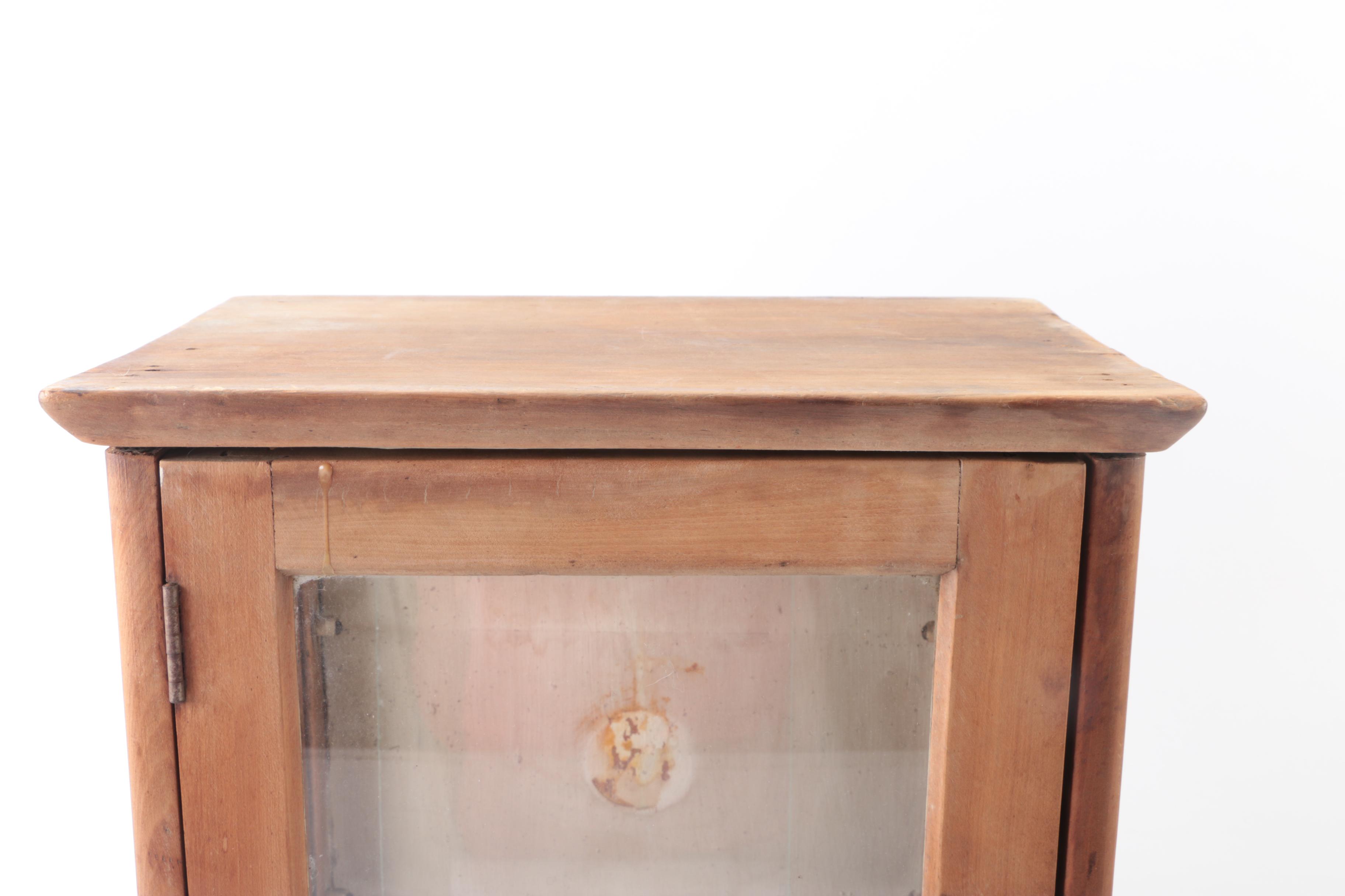 Wooden Tabletop Display Cabinet & Two Antique Hanging Mirrors