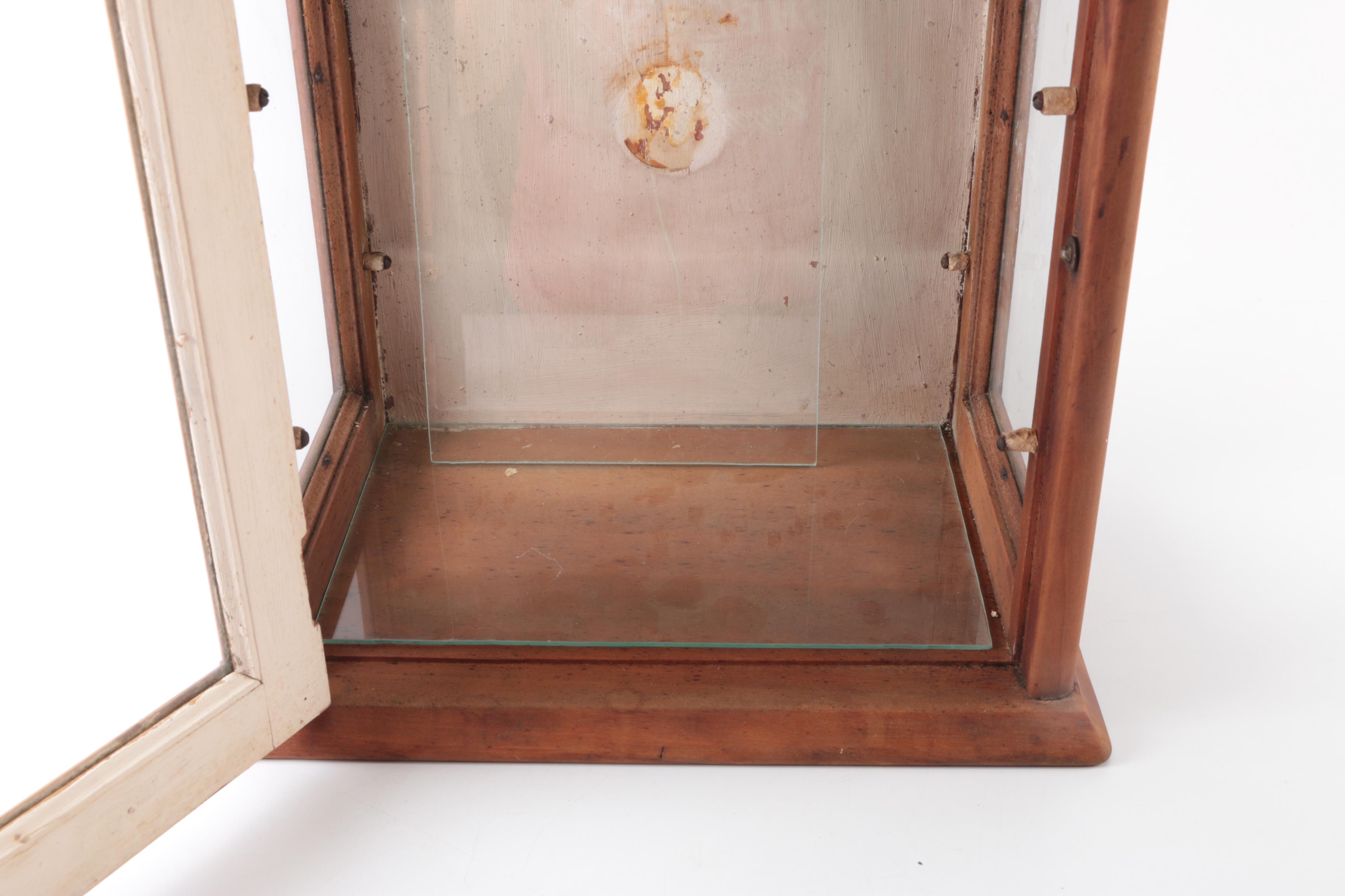 Wooden Tabletop Display Cabinet & Two Antique Hanging Mirrors
