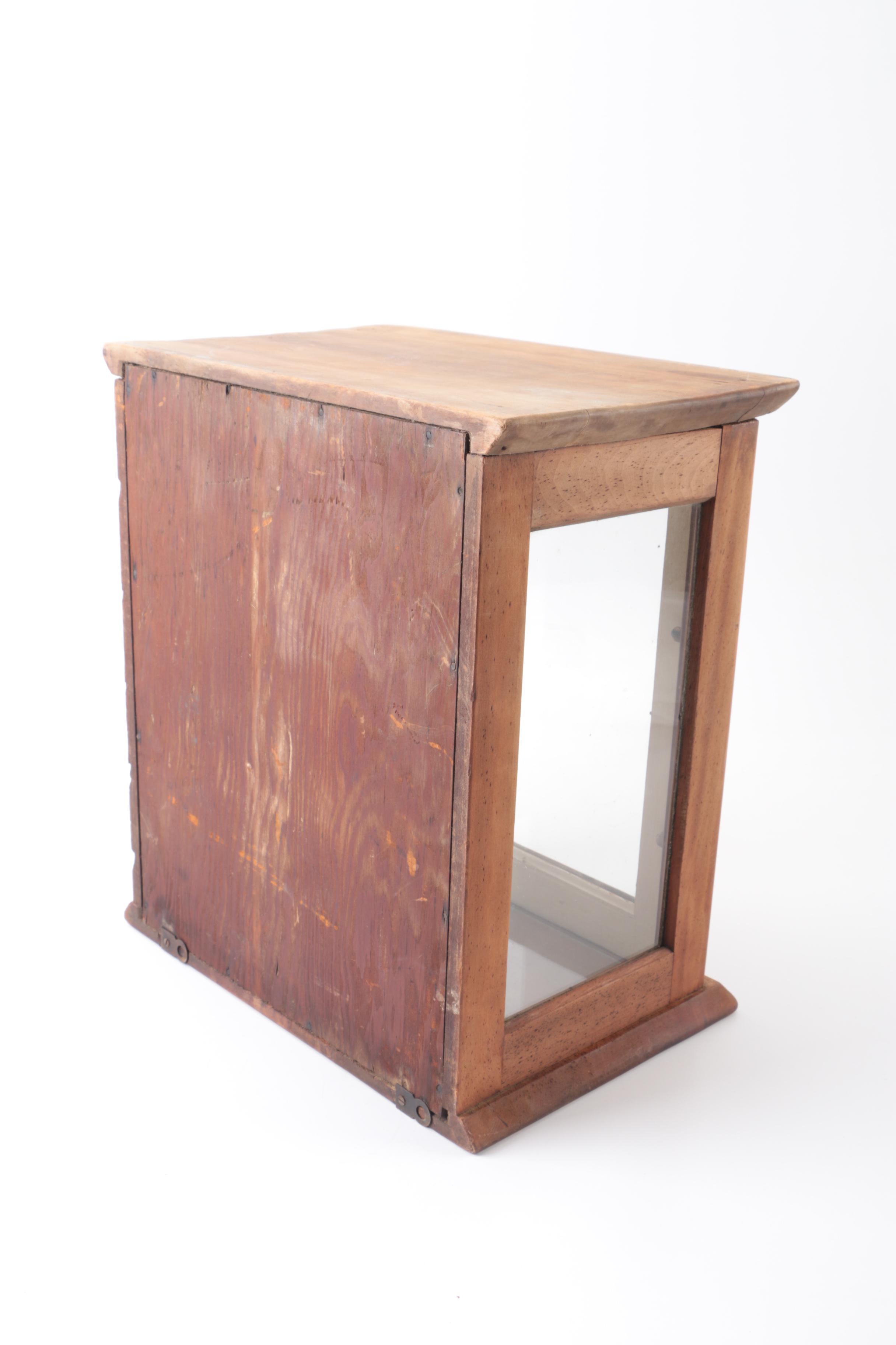 Wooden Tabletop Display Cabinet & Two Antique Hanging Mirrors