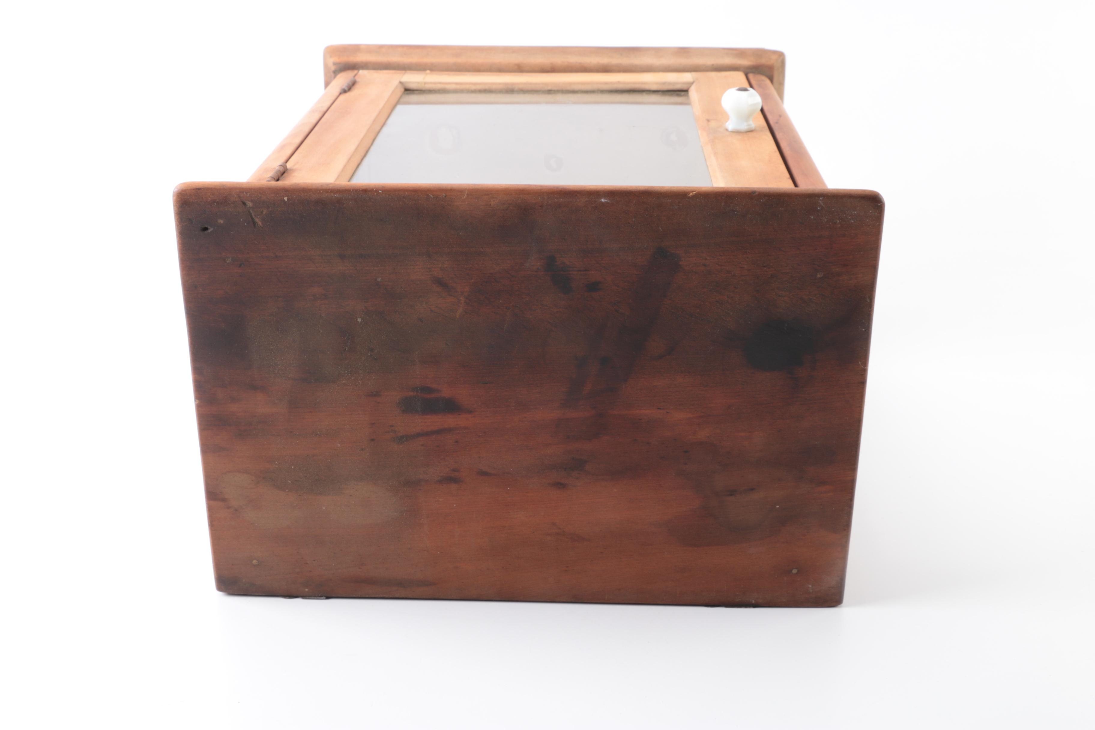 Wooden Tabletop Display Cabinet & Two Antique Hanging Mirrors