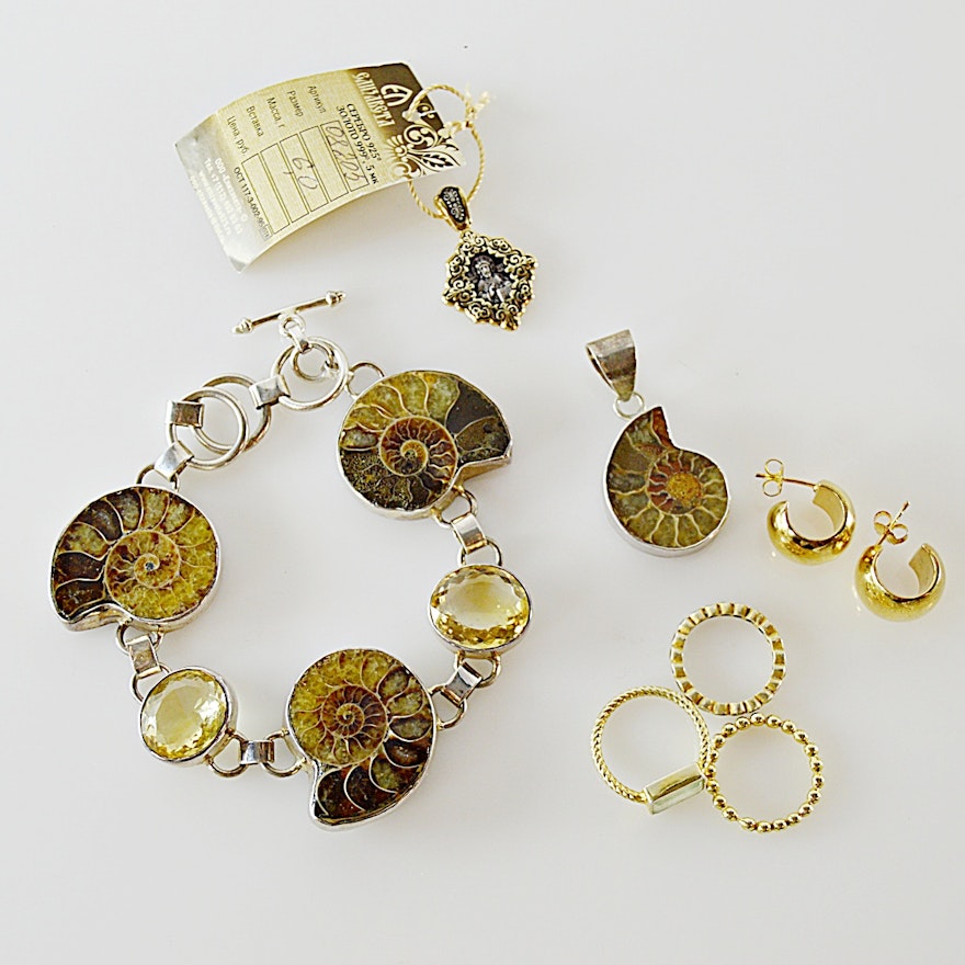 Lila Drake Ammonite Fossil Bracelet, Pendant, 925 Earrings, Rings