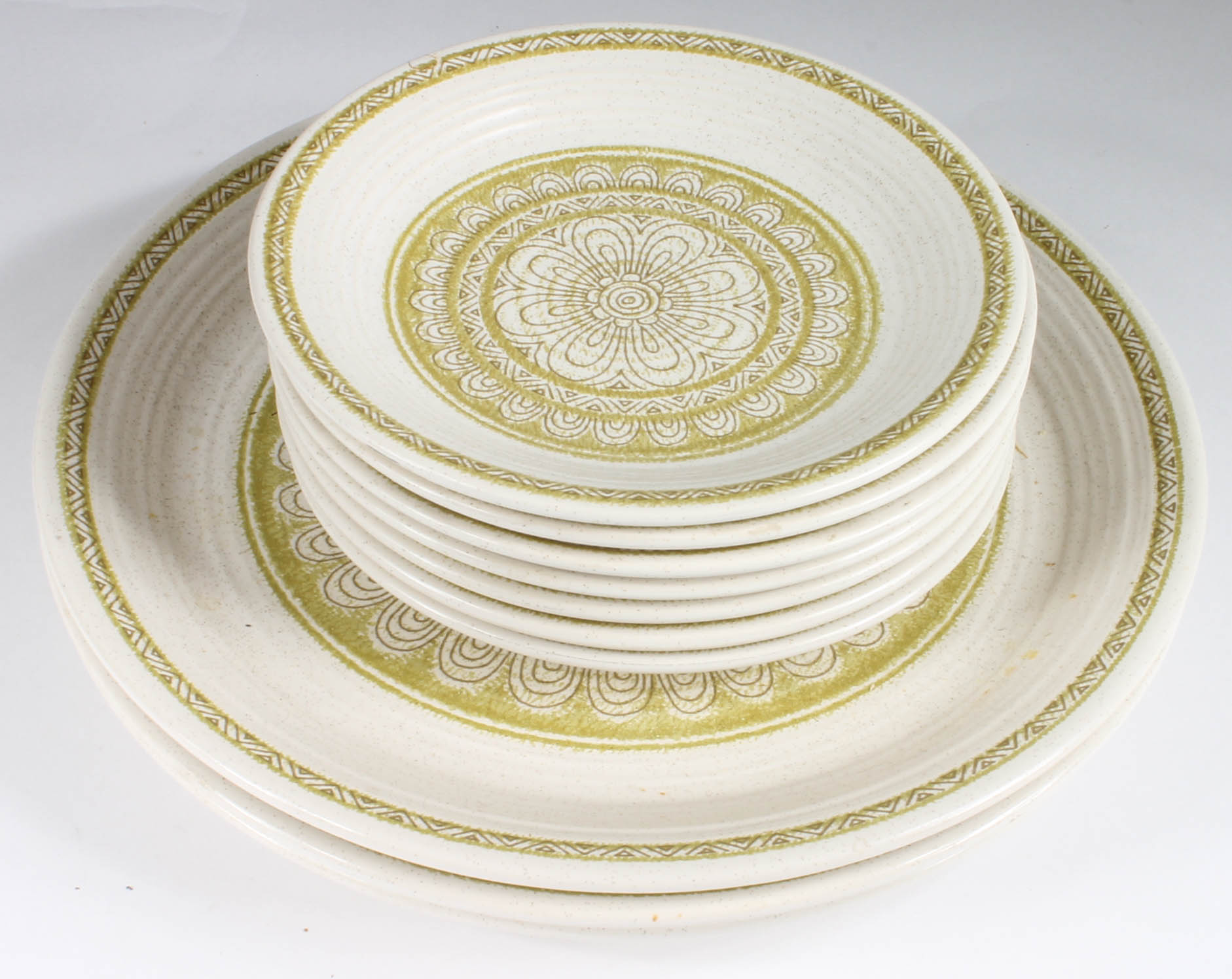 Variety of Vintage Green and White Stoneware Dishes
