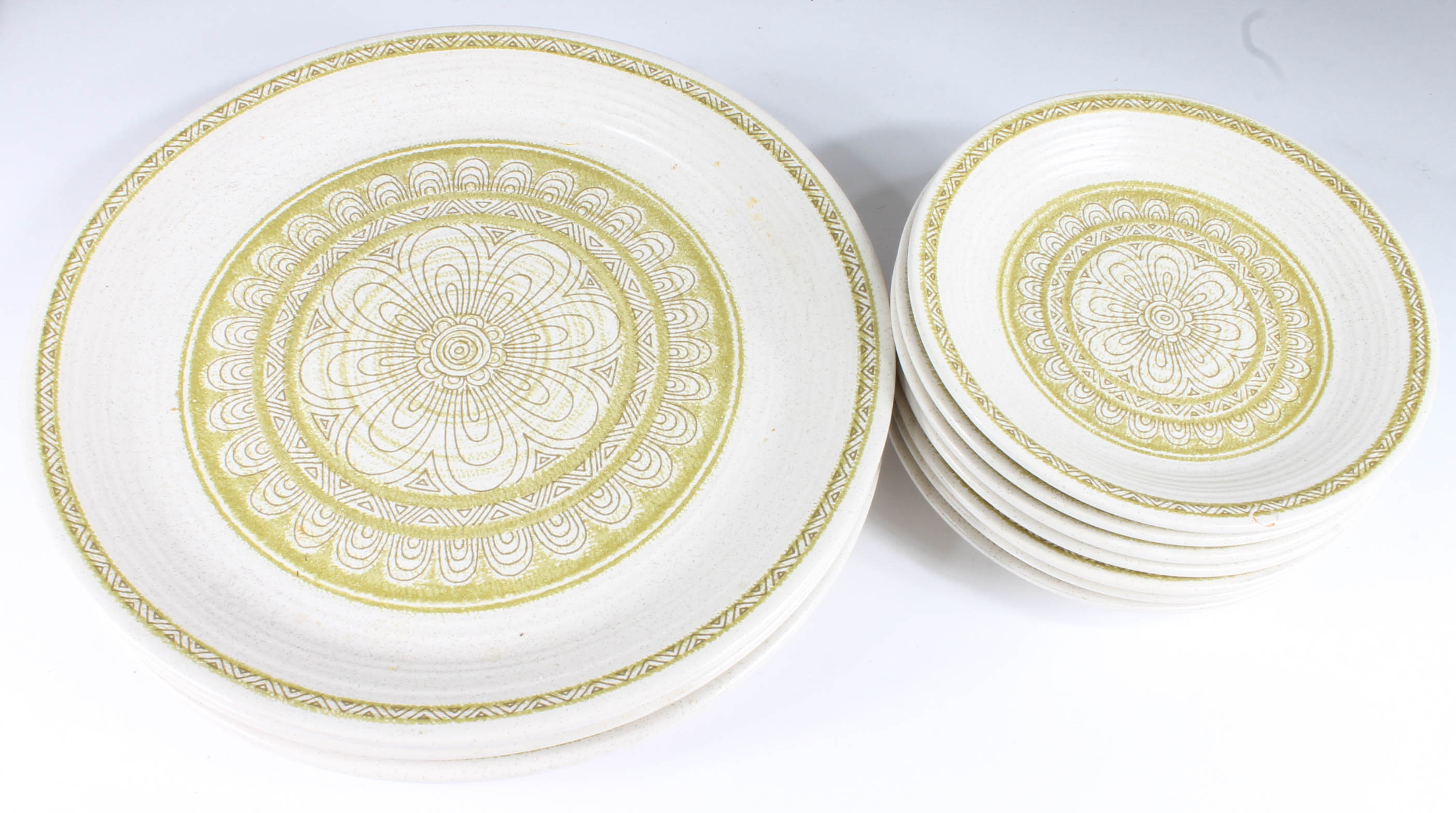 Variety of Vintage Green and White Stoneware Dishes