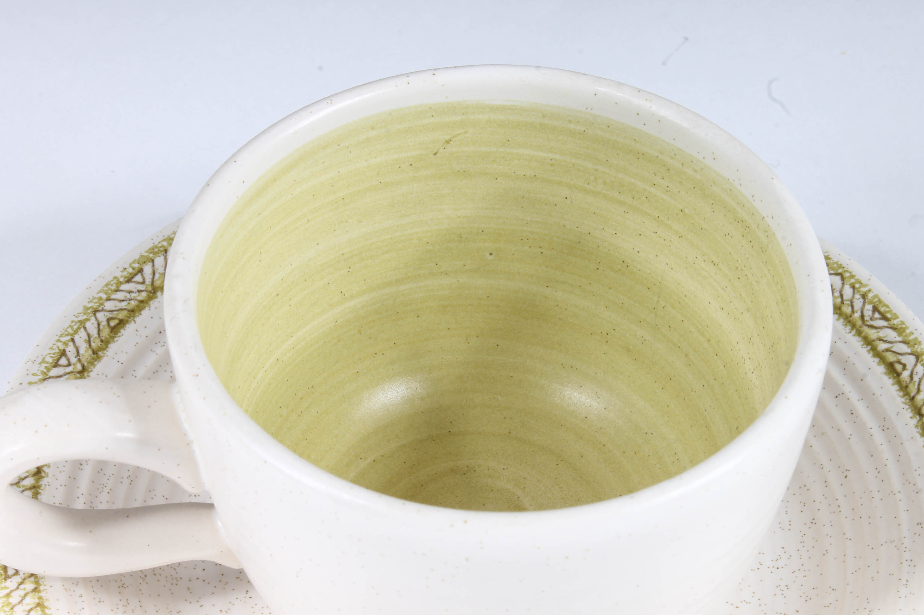 Variety of Vintage Green and White Stoneware Dishes