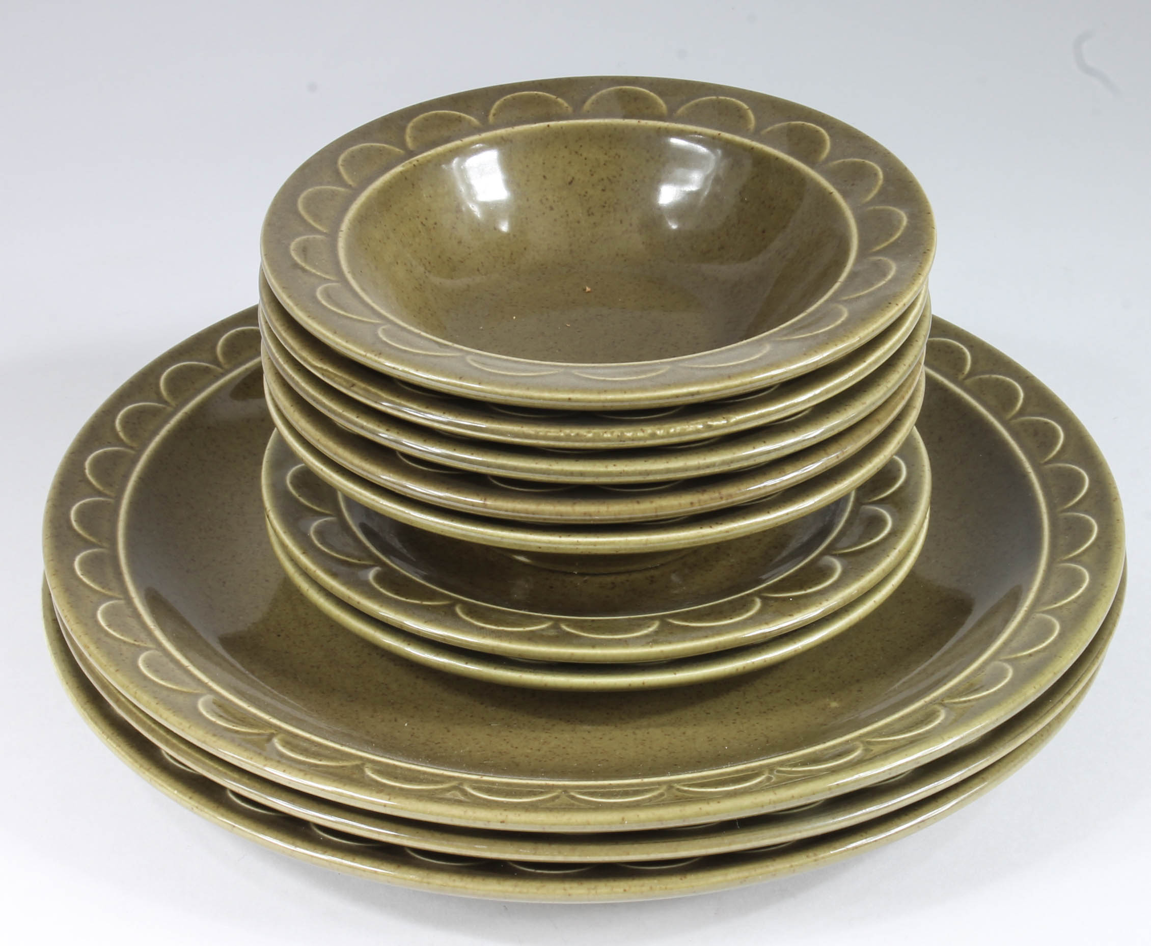 Variety of Vintage Green and White Stoneware Dishes