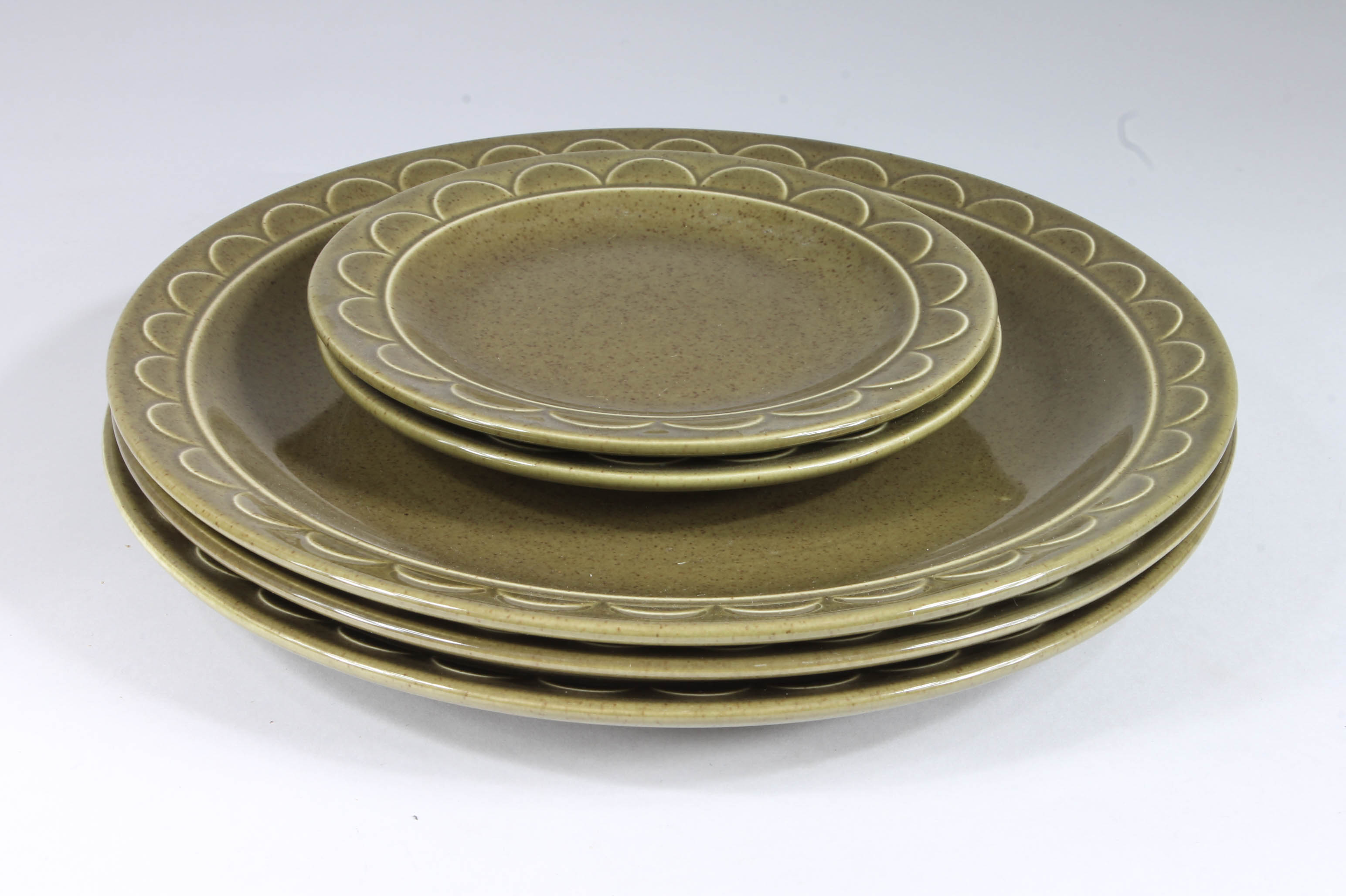 Variety of Vintage Green and White Stoneware Dishes