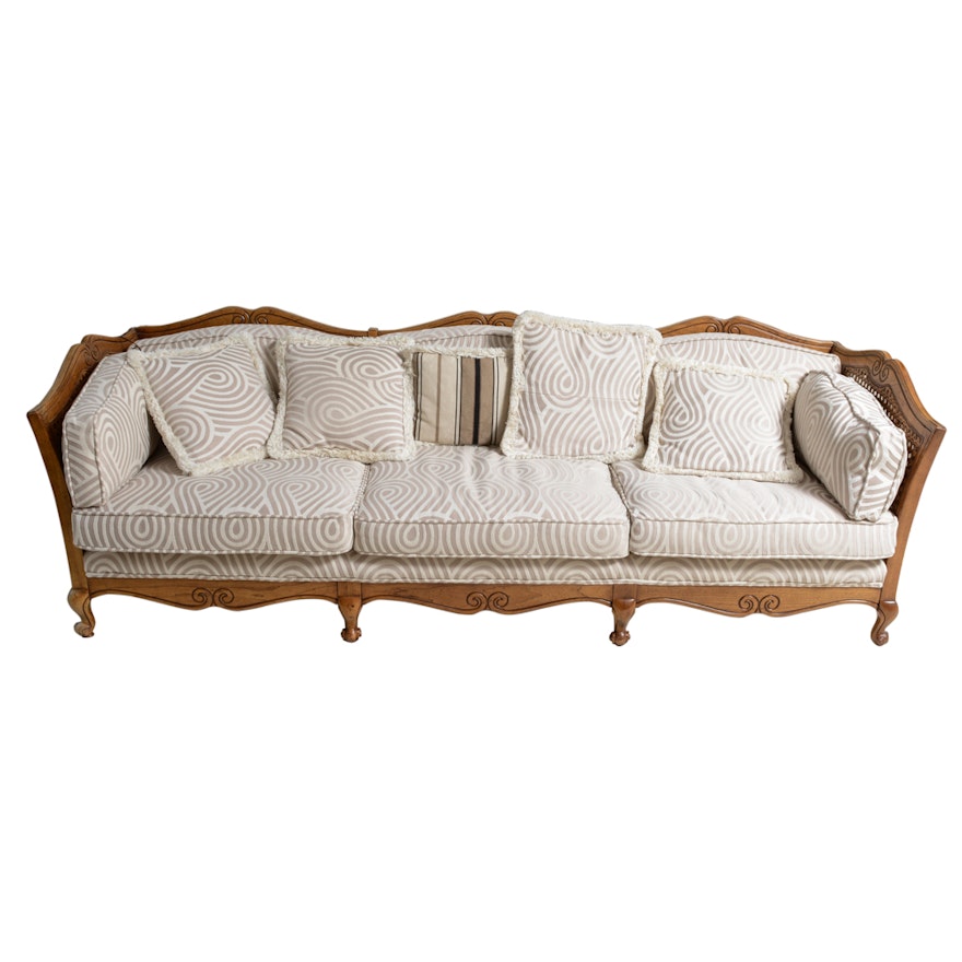 French Provincial Style Upholstered and Wicker Couch