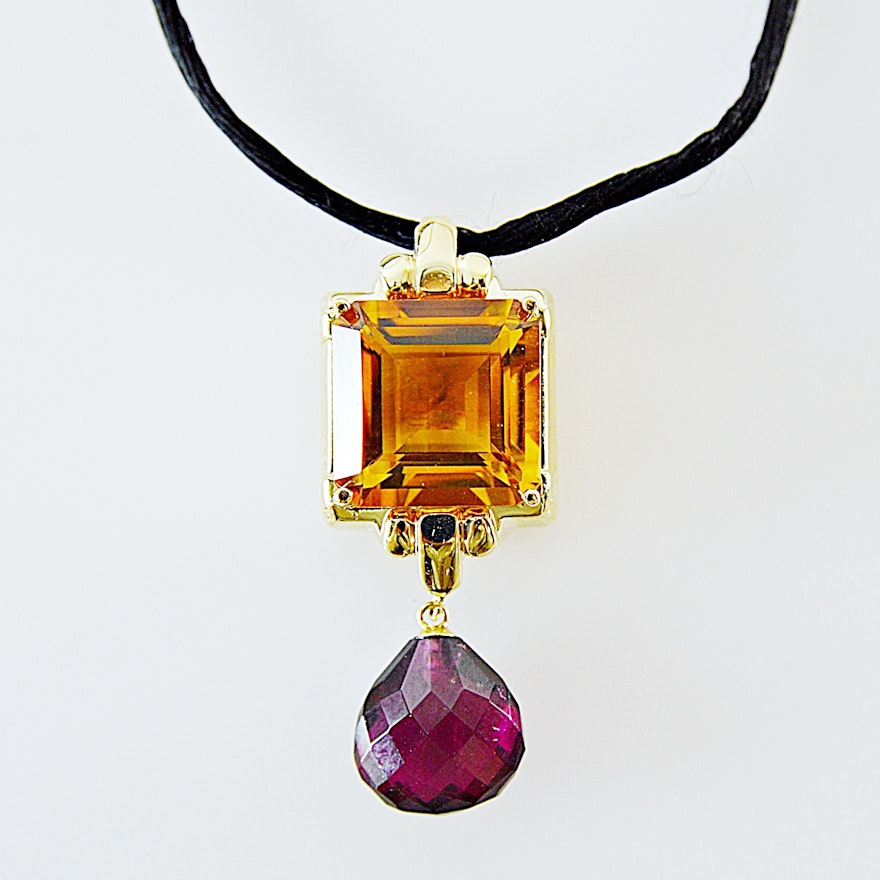 14K Gold, Citrine and Pink Tourmaline Pendant