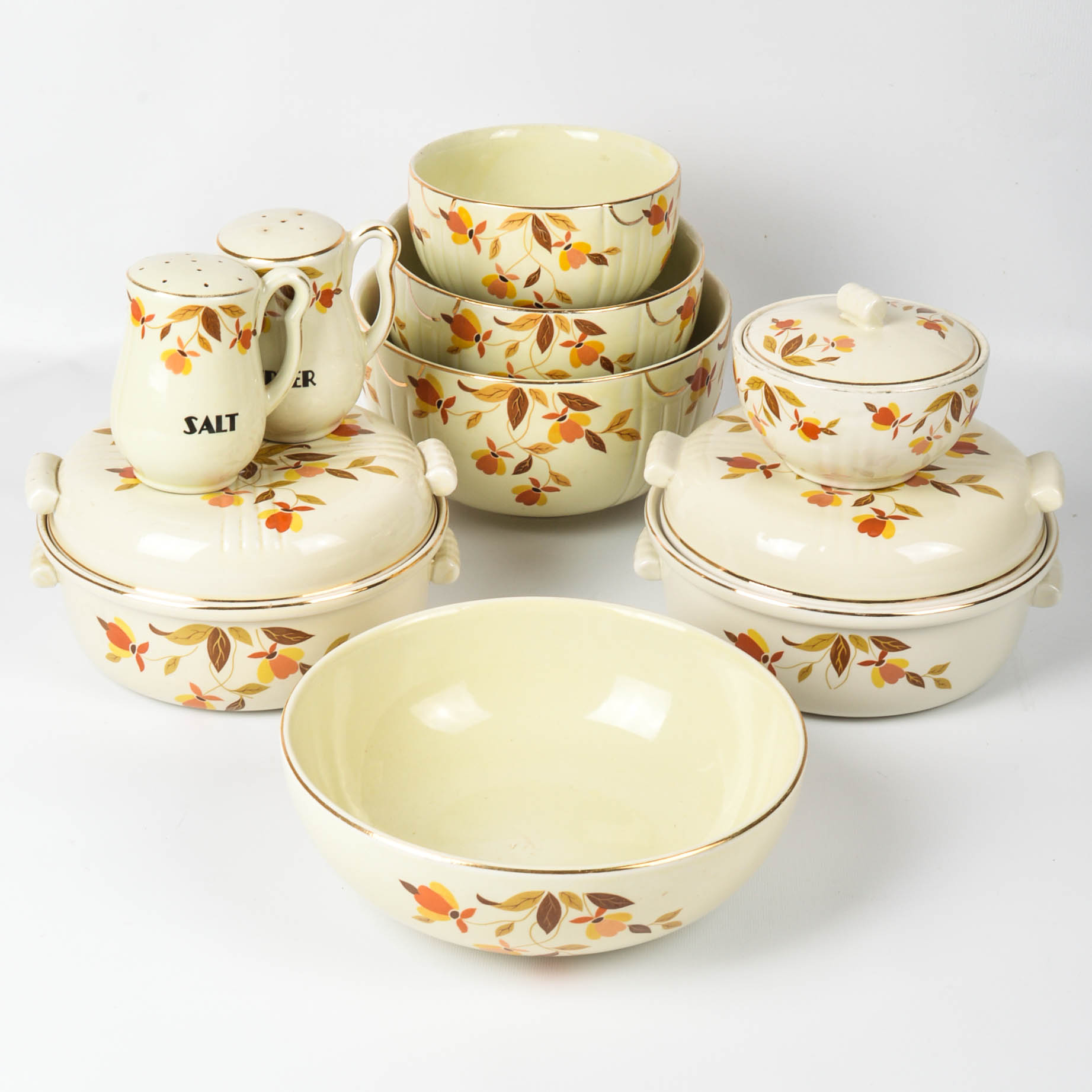 Hall "Autumn Leaf" Casseroles, Bowls, and Salt and Pepper Shakers