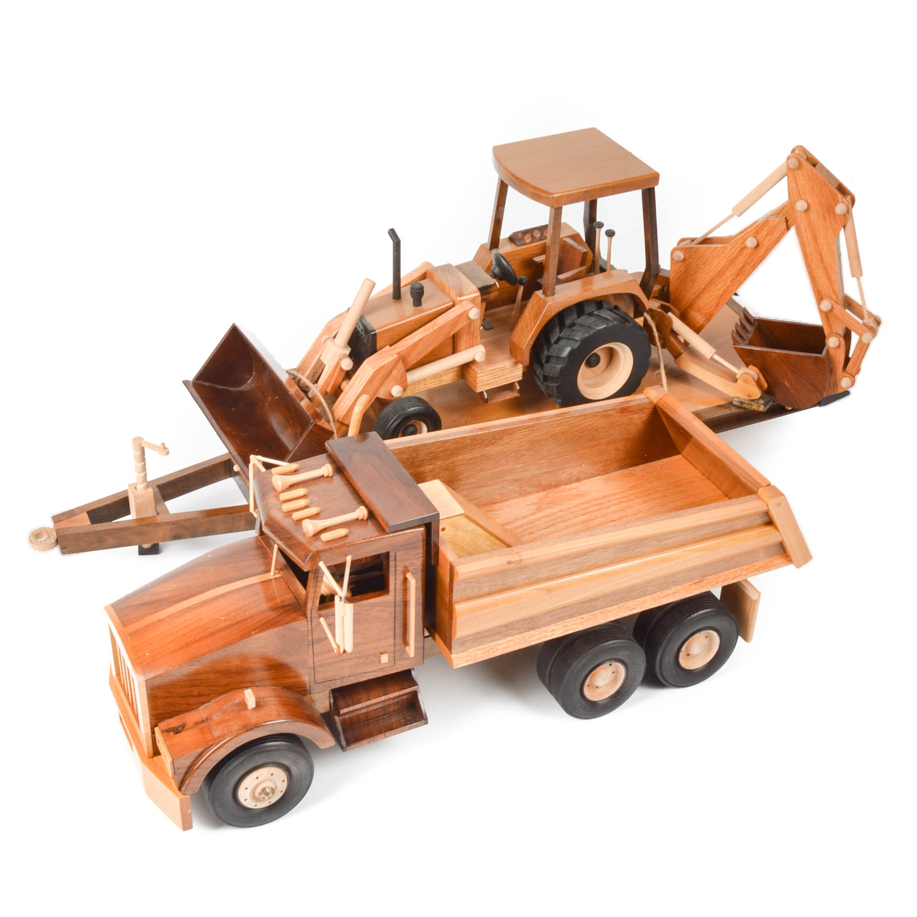 Handcrafted Wooden Dump Truck With Backhoe and Trailer