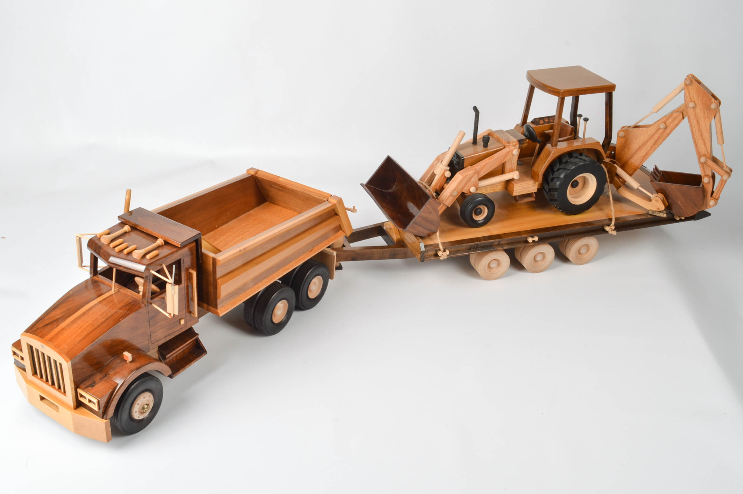Handcrafted Wooden Dump Truck With Backhoe and Trailer