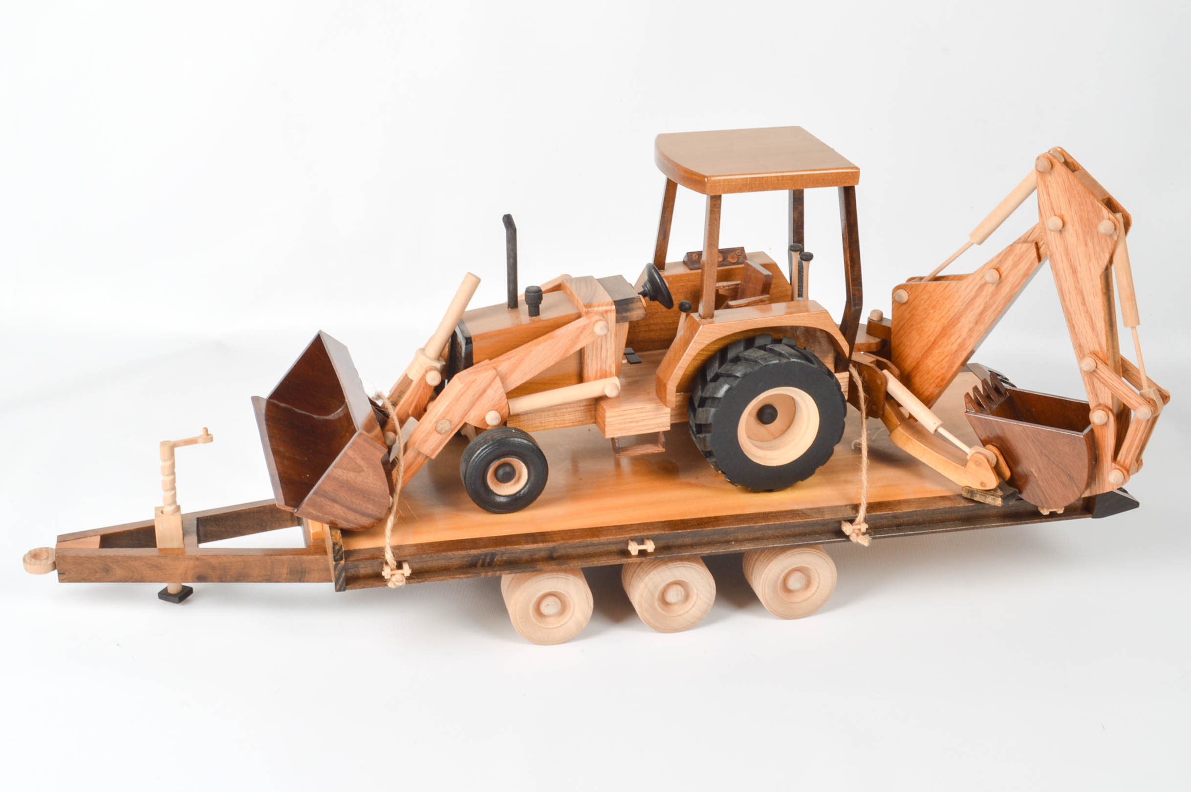 Handcrafted Wooden Dump Truck With Backhoe and Trailer
