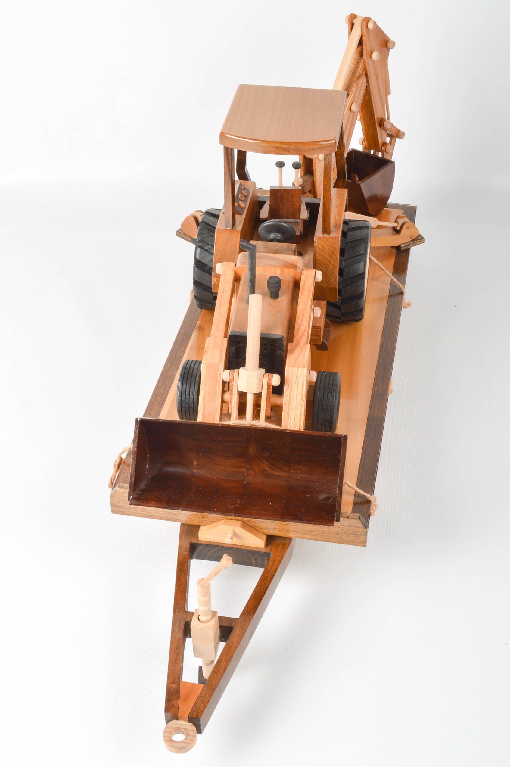 Handcrafted Wooden Dump Truck With Backhoe and Trailer