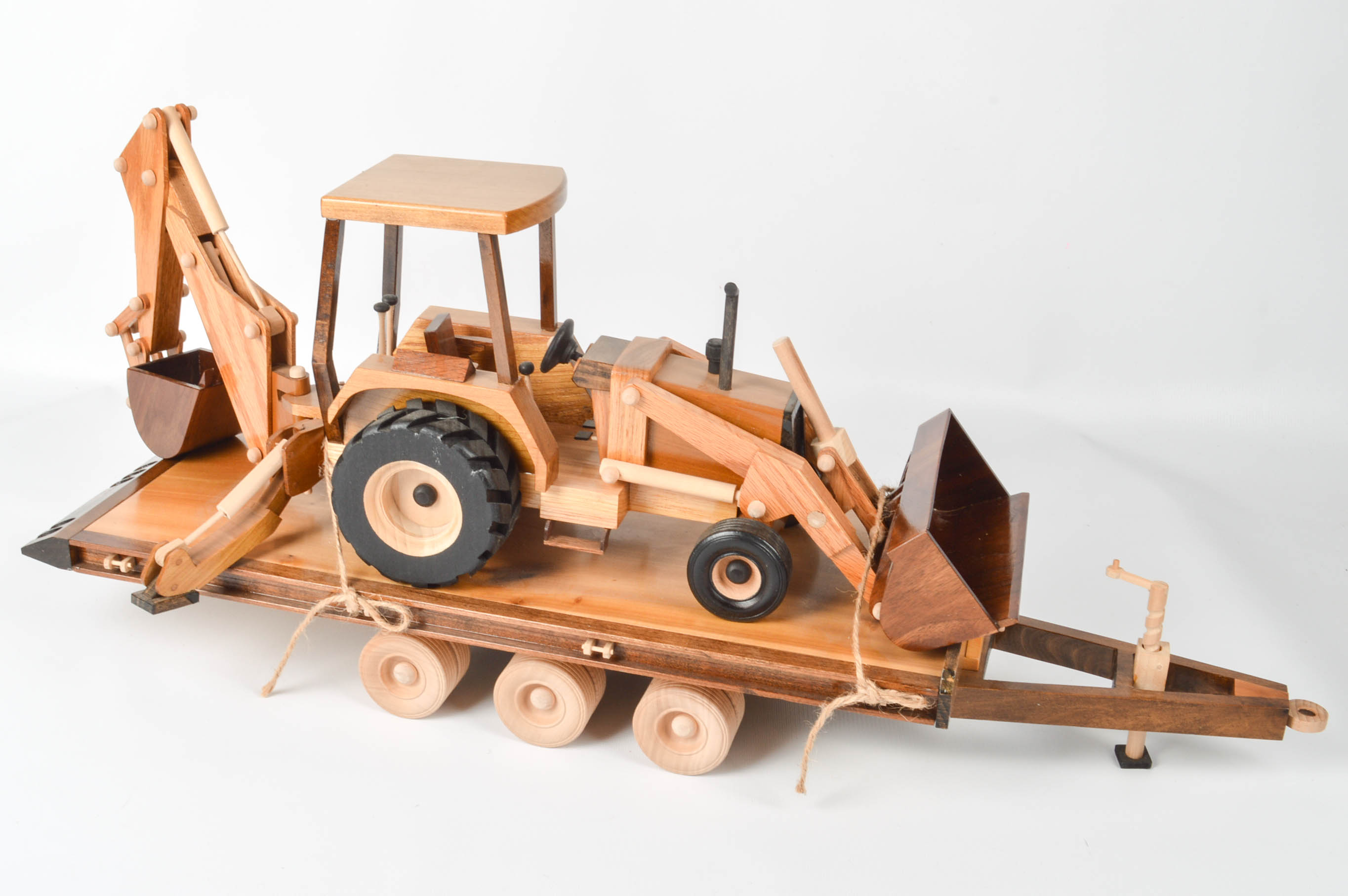 Handcrafted Wooden Dump Truck With Backhoe and Trailer