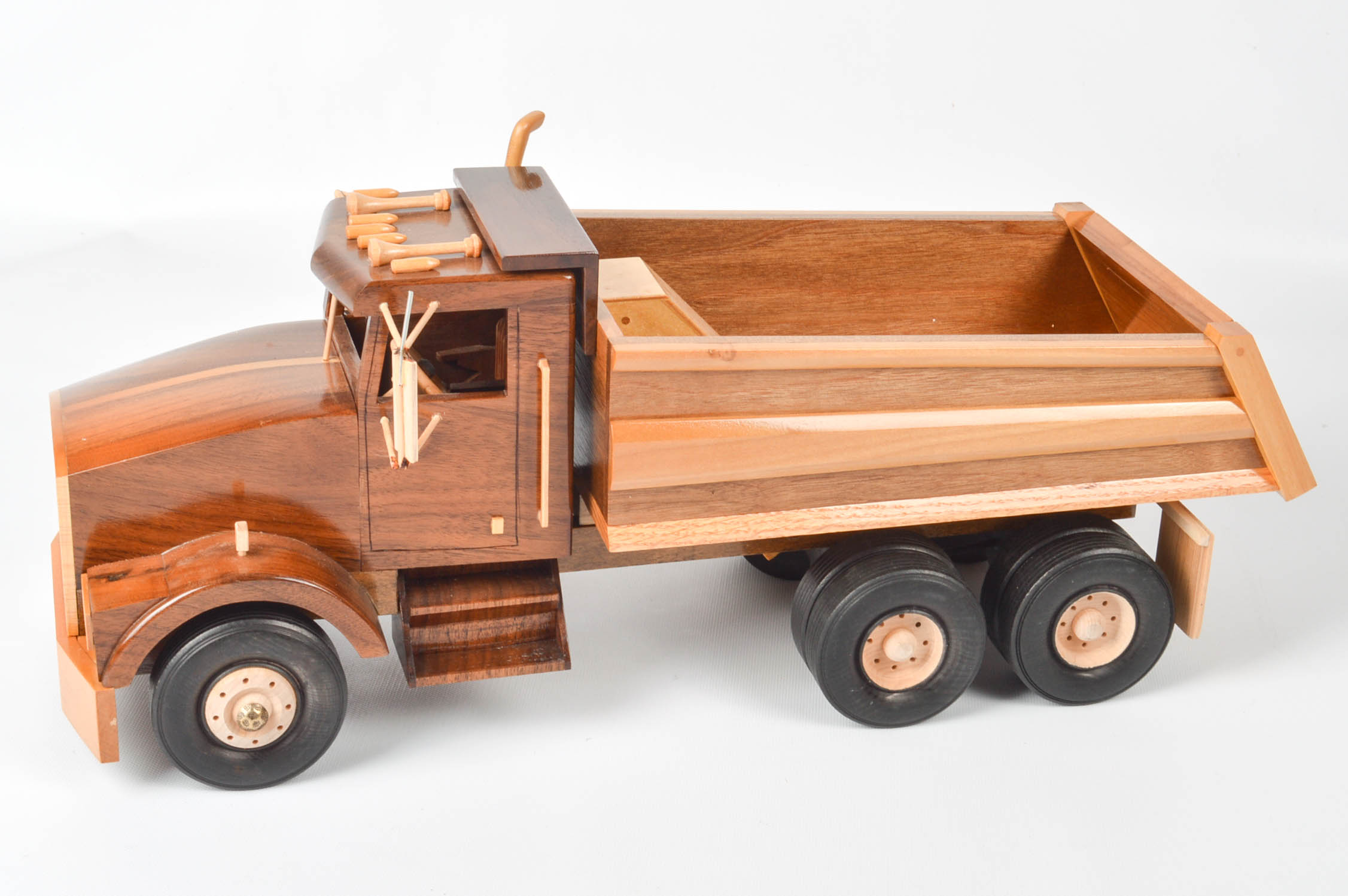 Handcrafted Wooden Dump Truck With Backhoe and Trailer