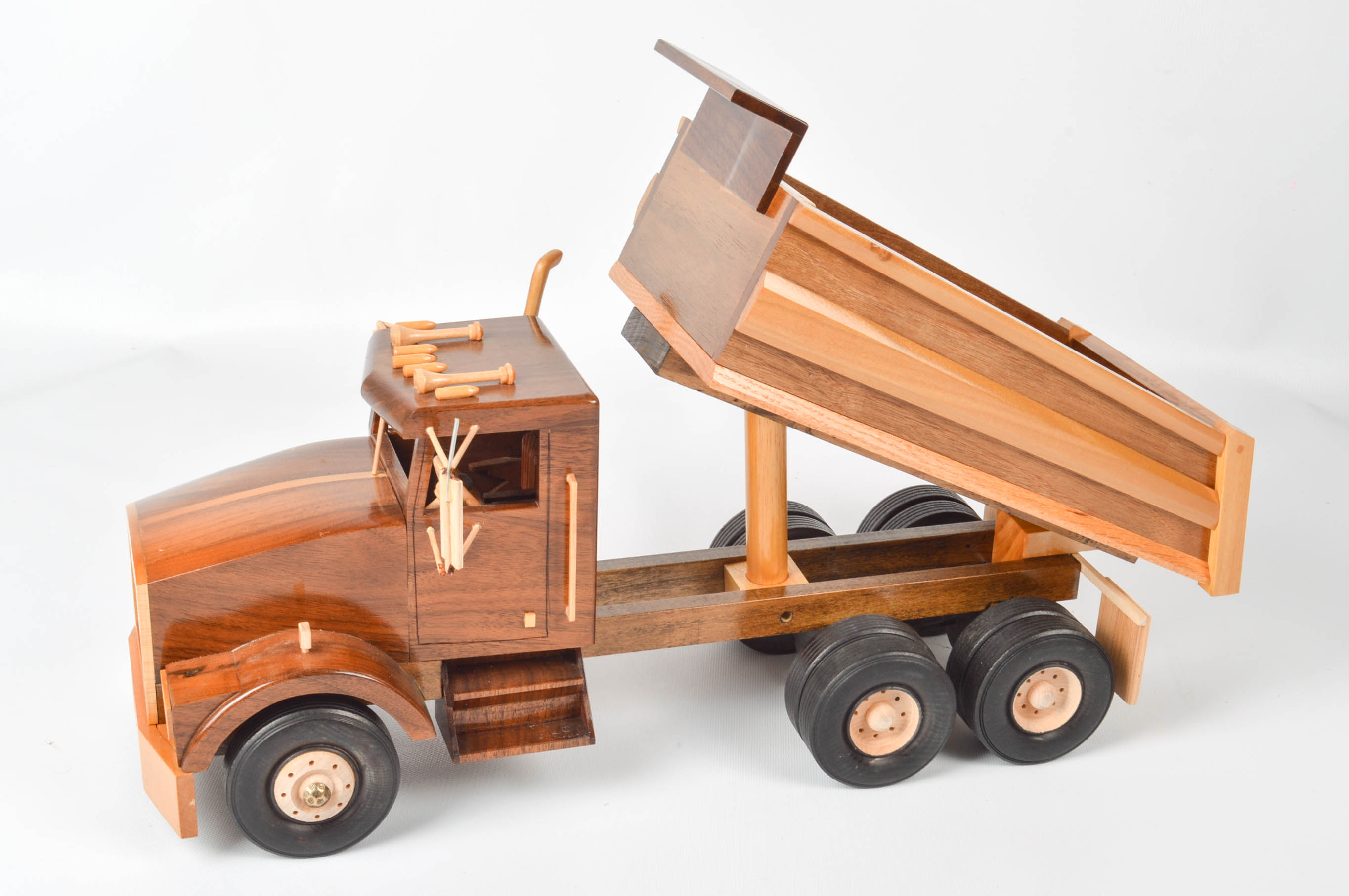 Handcrafted Wooden Dump Truck With Backhoe and Trailer