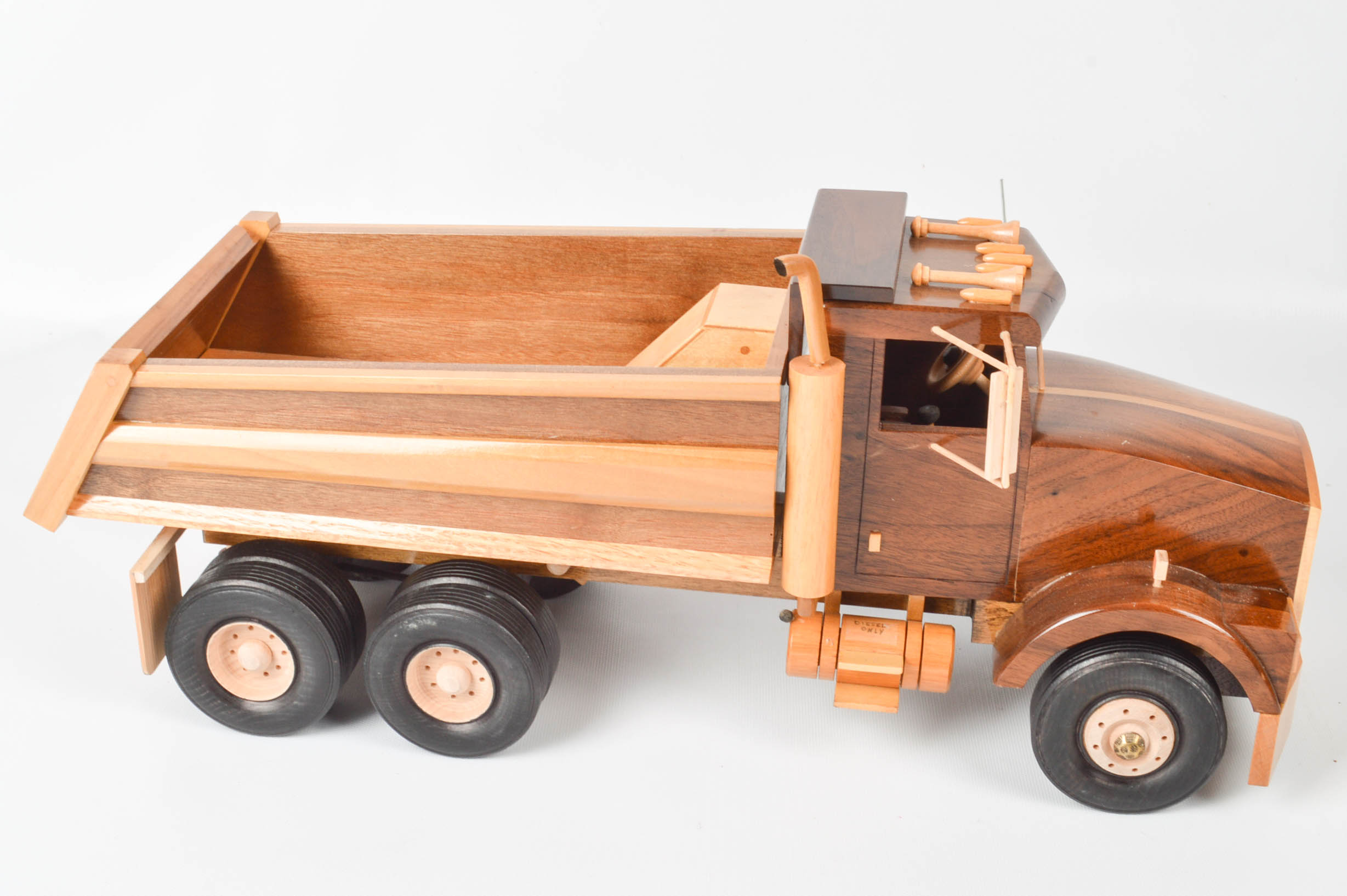 Handcrafted Wooden Dump Truck With Backhoe and Trailer