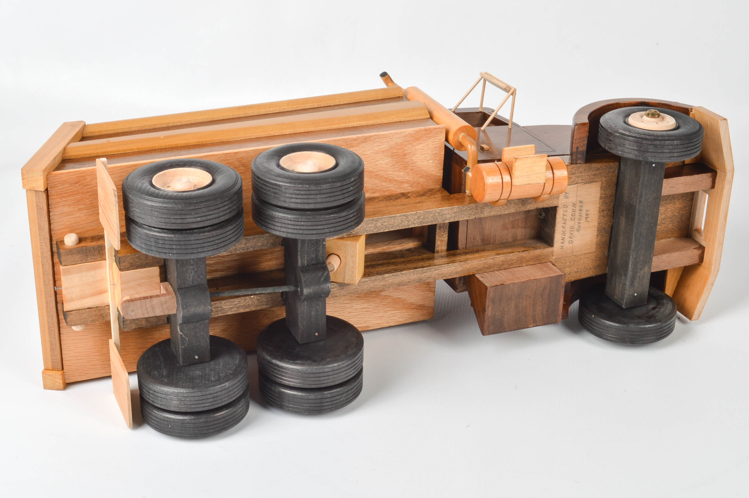 Handcrafted Wooden Dump Truck With Backhoe and Trailer