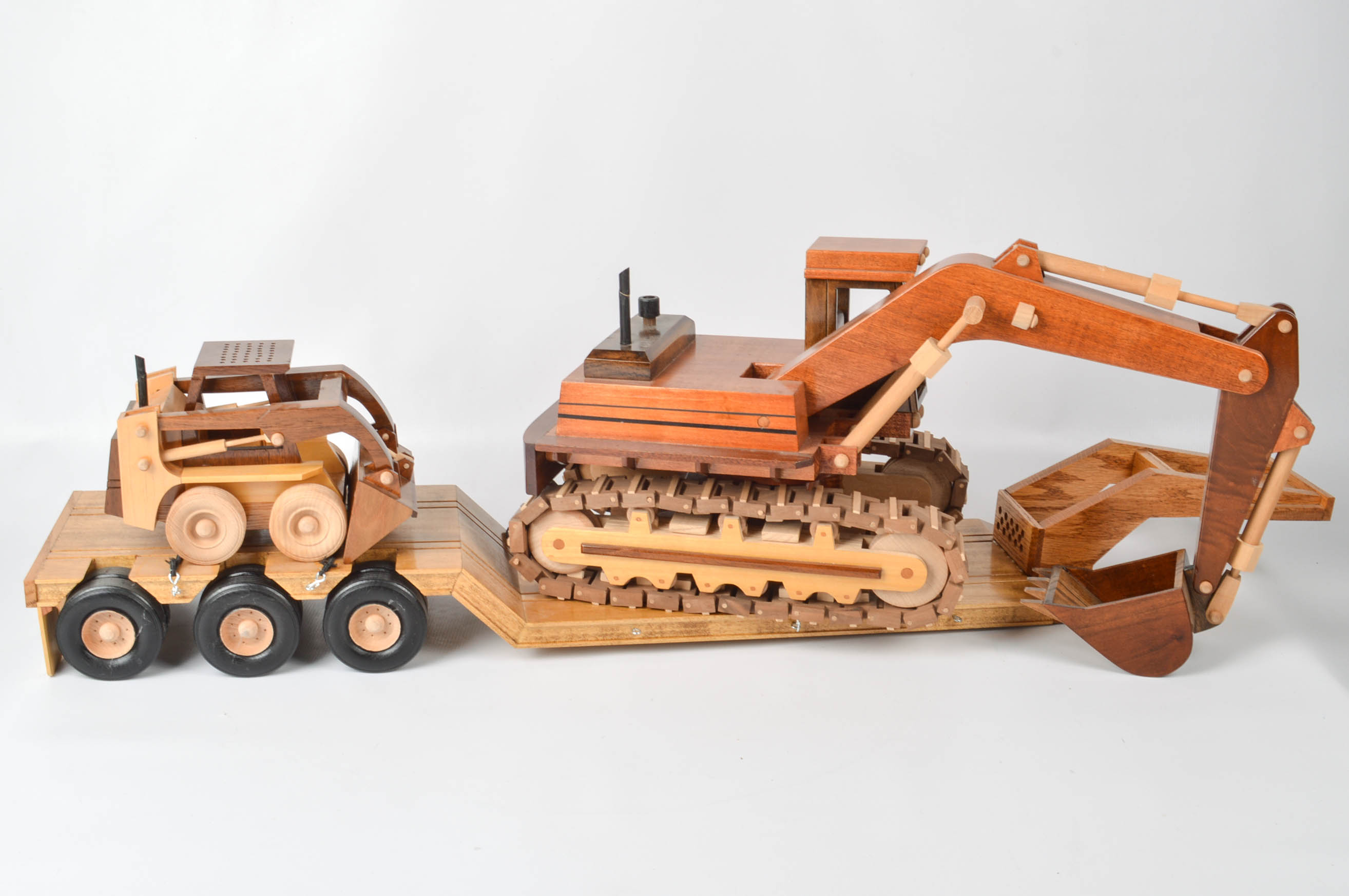 Handcrafted Wooden Truck, Bulldozer, Backhoe, and Trailer