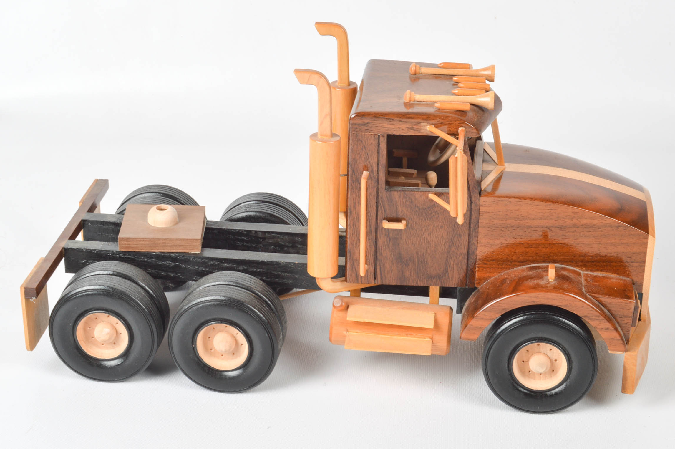 Handcrafted Wooden Truck, Bulldozer, Backhoe, and Trailer