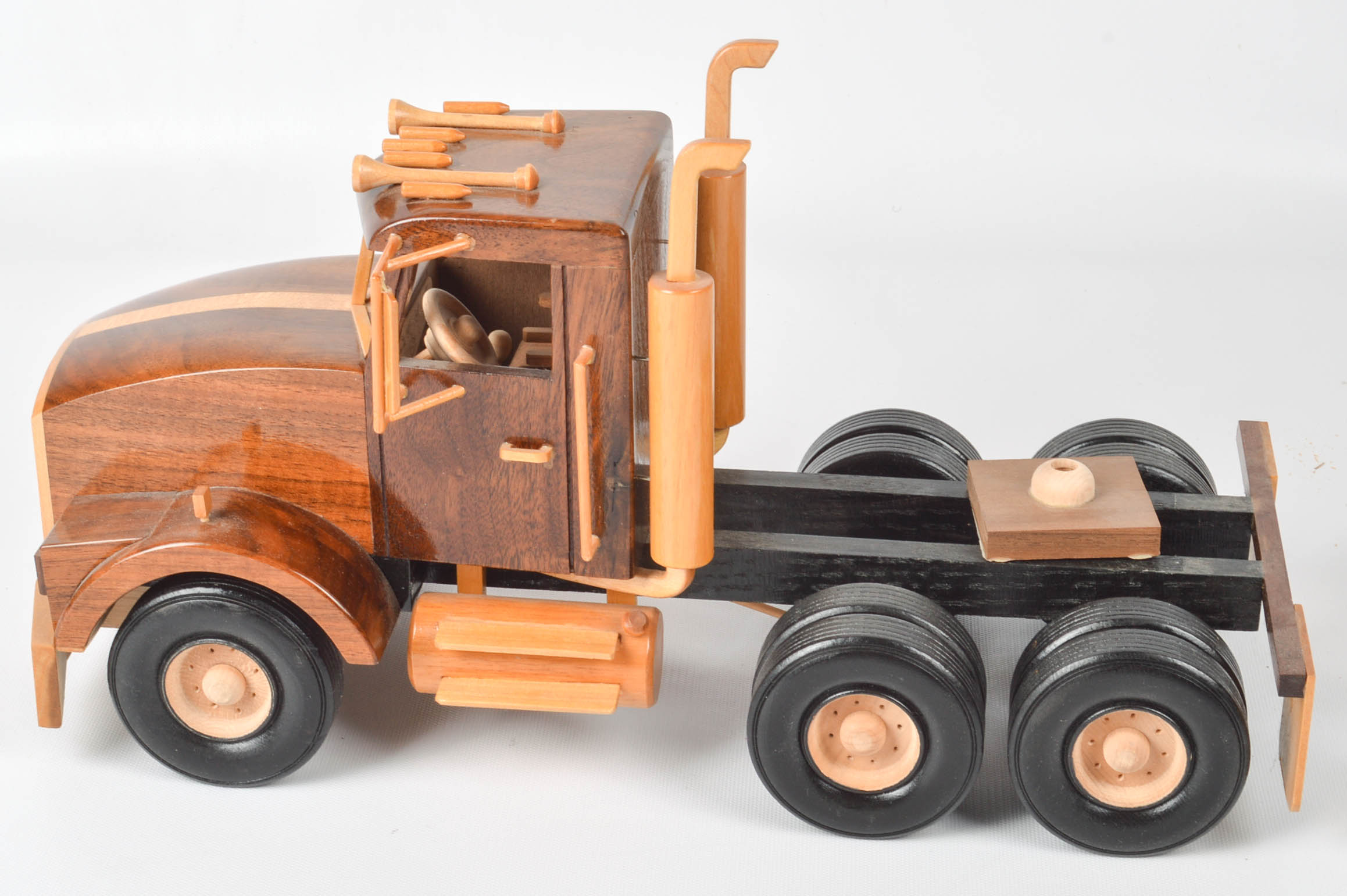 Handcrafted Wooden Truck, Bulldozer, Backhoe, and Trailer