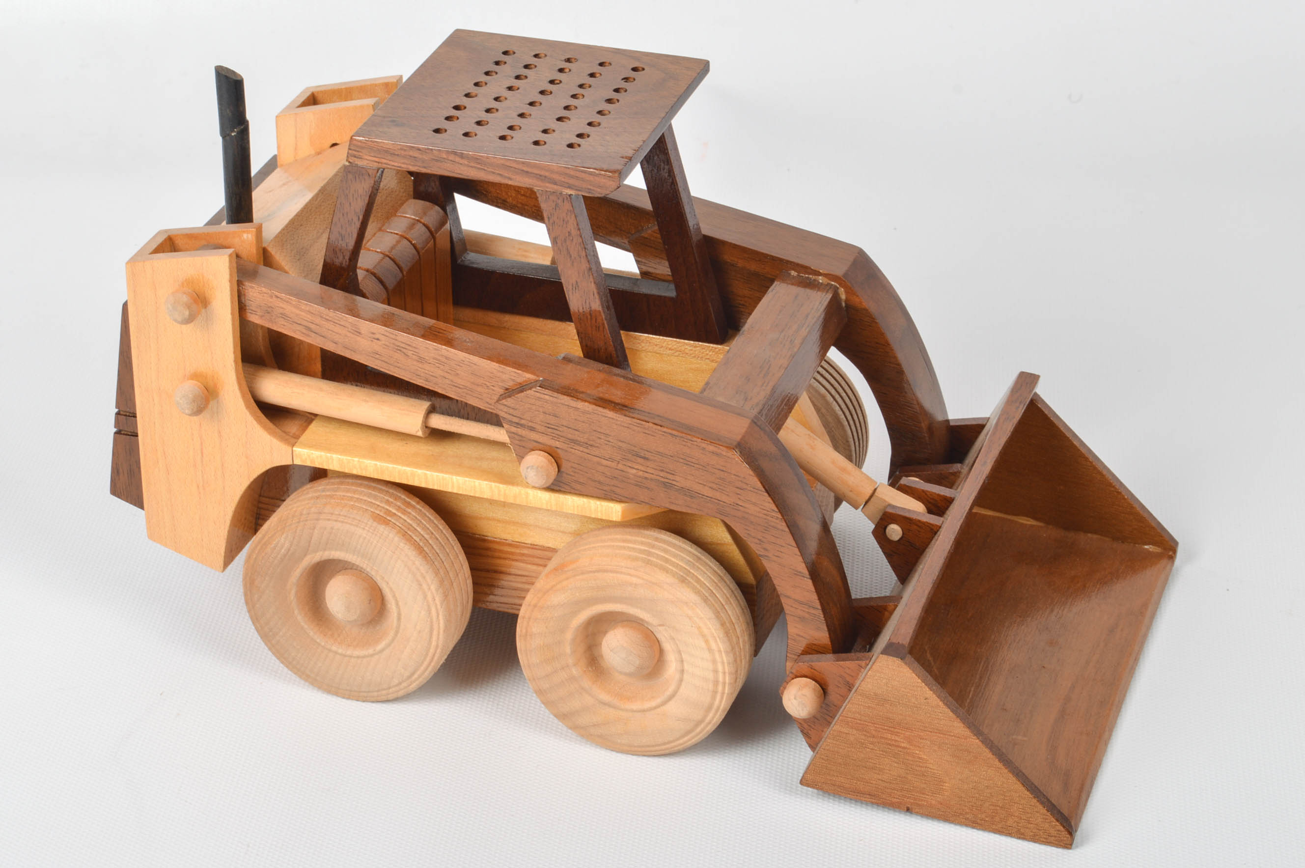 Handcrafted Wooden Truck, Bulldozer, Backhoe, and Trailer