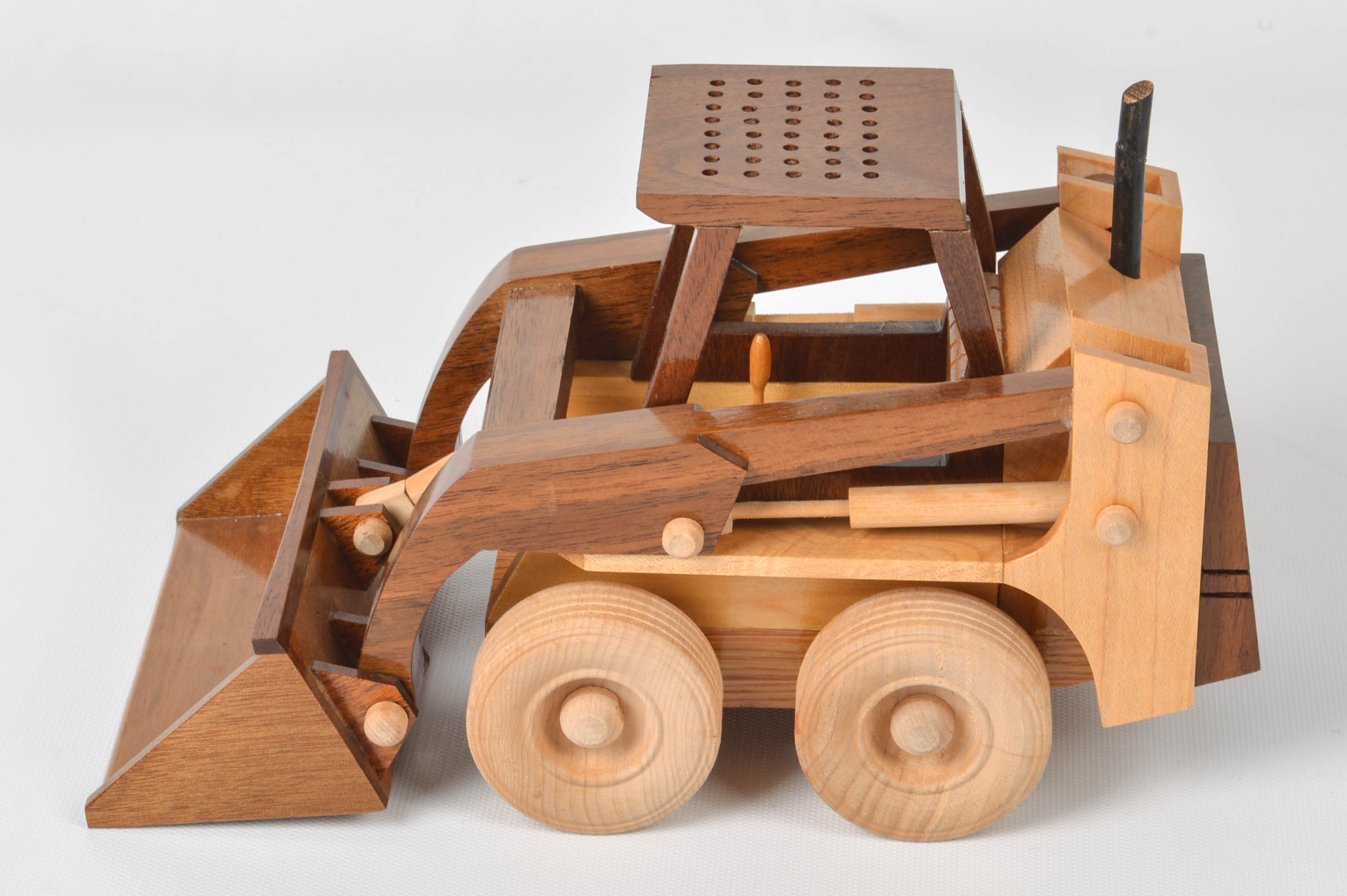 Handcrafted Wooden Truck, Bulldozer, Backhoe, and Trailer