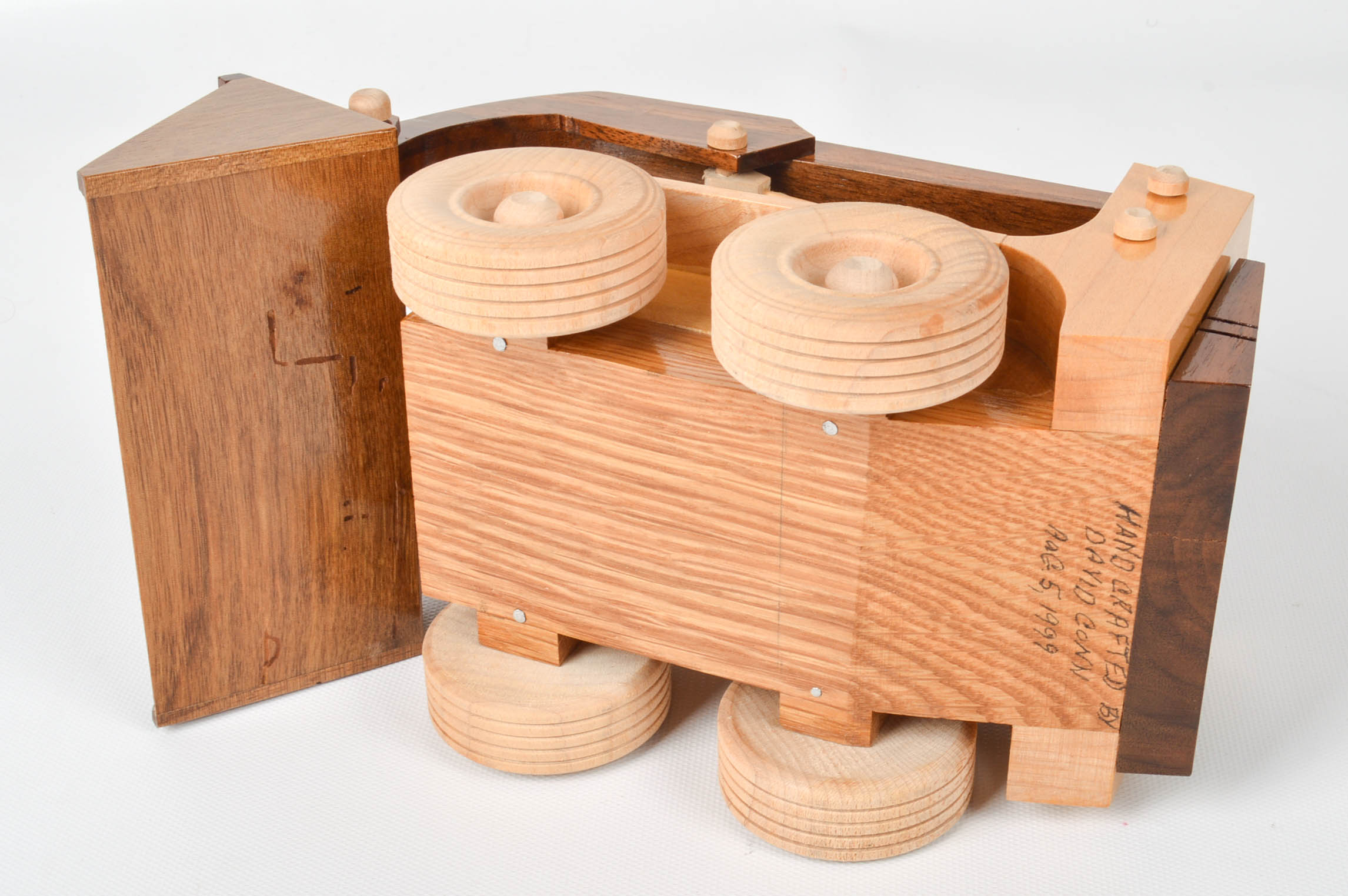 Handcrafted Wooden Truck, Bulldozer, Backhoe, and Trailer